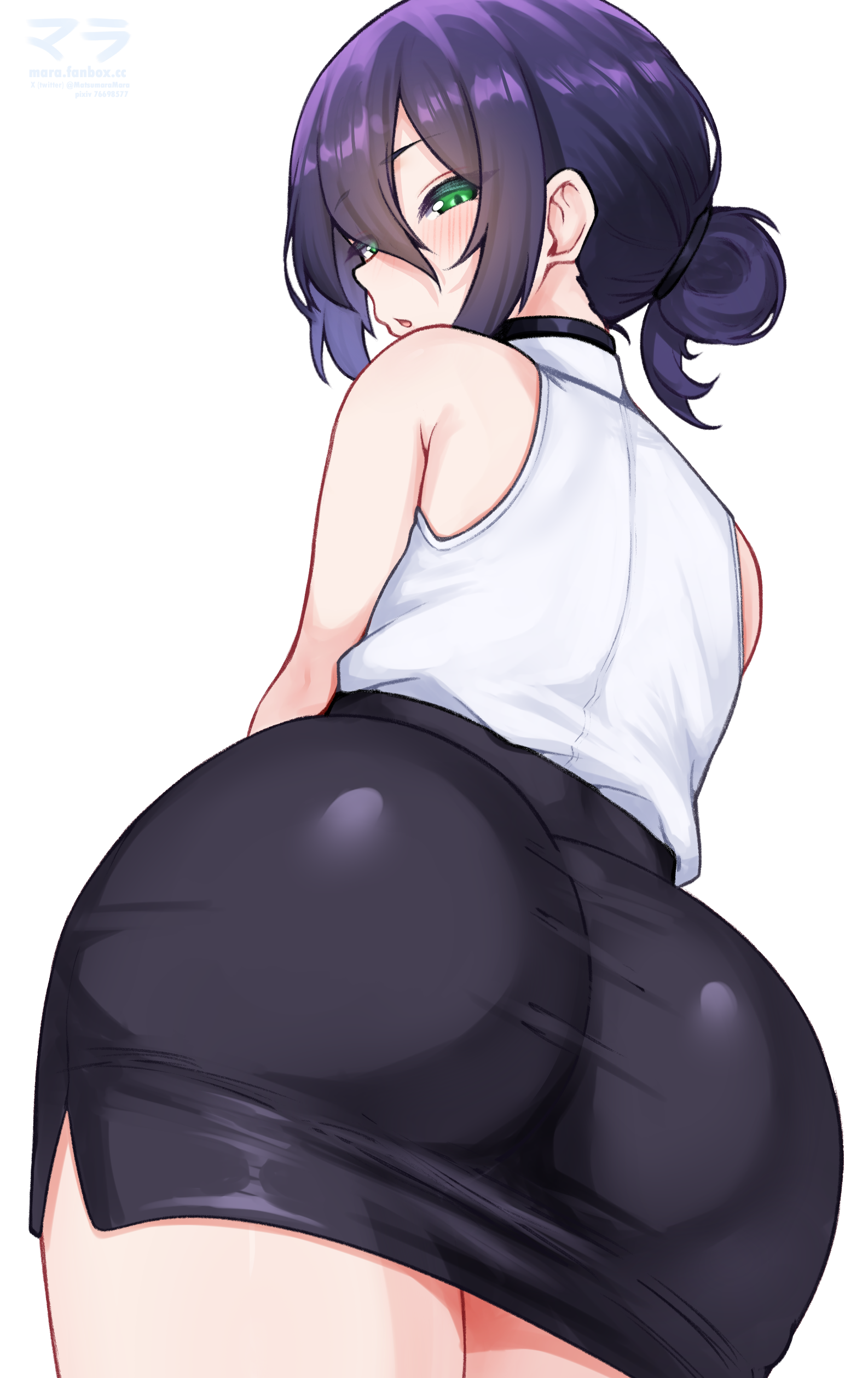 matsumaramara, reze (chainsaw man), chainsaw man, absurdres, highres, 1girl, ass, ass focus, black choker, black skirt, blush, choker, green eyes, hair between eyes, hair bun, looking back, miniskirt, purple hair, shirt, simple background, skirt, sleeveless, sleeveless shirt, solo, twitter username, watermark, web address, white background, white shirt