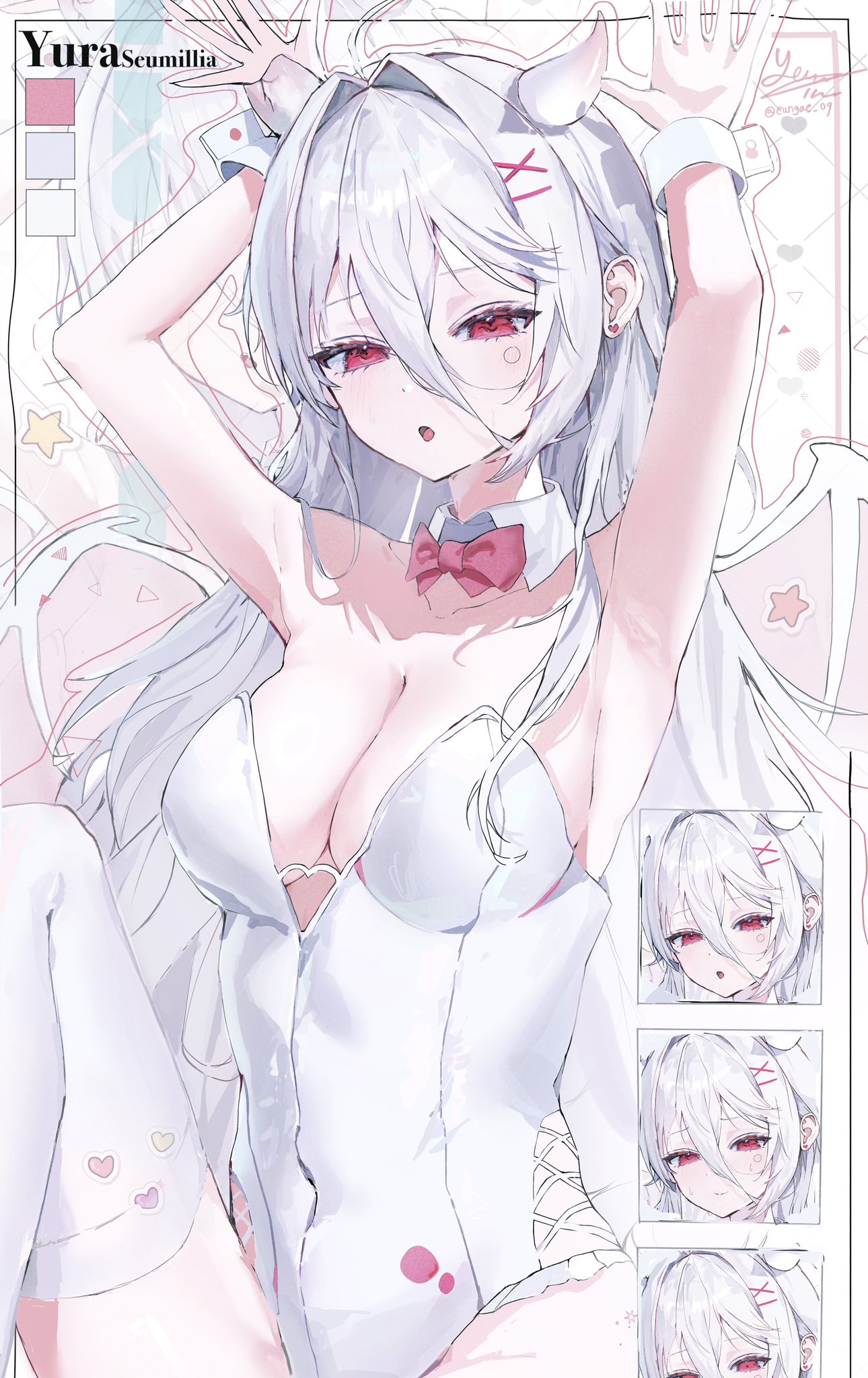 original, commentary request, commission, highres, korean commentary, 1girl, armpits, arms up, bare shoulders, blush, bow, bowtie, breasts, cleavage, demon girl, demon horns, demon wings, detached collar, ear piercing, eungae 09, hair between eyes, hands up, horns, leotard, long hair, long hair between eyes, medium breasts, multiple expressions, nontraditional playboy bunny, open mouth, piercing, red bow, red bowtie, red eyes, sitting, smile, solo, strapless, strapless leotard, thighhighs, white hair, white leotard, white wrist cuffs, wings, wrist cuffs