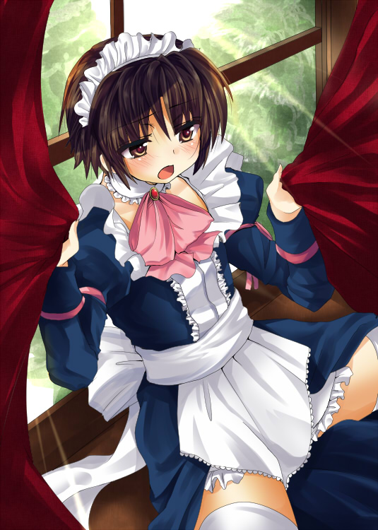 masayu, naoe riki, little busters!, 1boy, apron, bob cut, bonnet, choker, crossdressing, crossdressing (mtf), curtains, frills, maid, maid apron, male focus, male maid, sitting, solo, spread legs, thighhighs, trap, window, zettai ryouiki