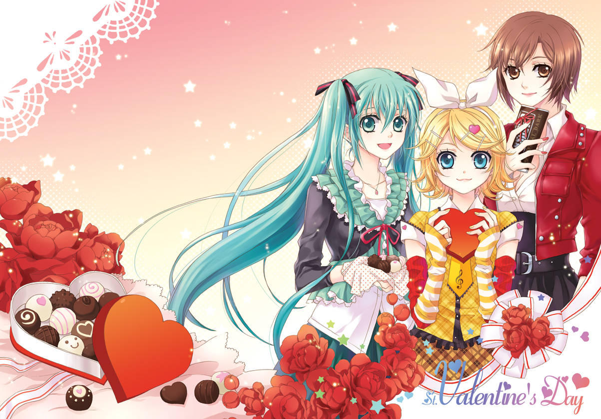 m-ca, mca (dessert candy), hatsune miku, kagamine rin, meiko (vocaloid), vocaloid, 3girls, :3, aqua hair, blonde hair, brown eyes, brown hair, candy, chocolate, chocolate bar, flower, food, hair ornament, hairclip, heart, jewelry, long hair, multiple girls, necklace, ribbon, short hair, twintails, valentine