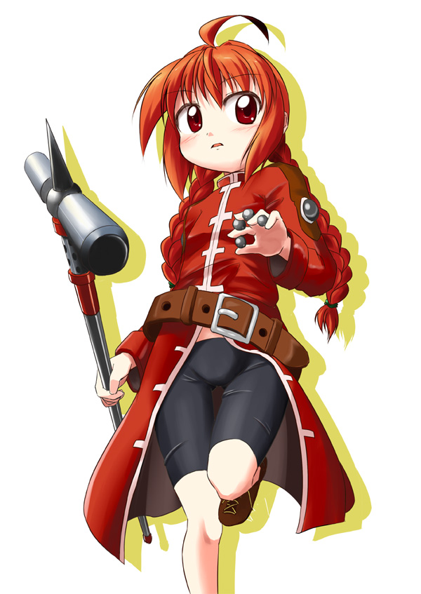 ashida ichirou, ichirou (hajimari), graf eisen, vita (nanoha), lyrical nanoha, mahou shoujo lyrical nanoha, mahou shoujo lyrical nanoha a's, mahou shoujo lyrical nanoha strikers, bad id, bad pixiv id, 00s, 1girl, ahoge, belt, bike shorts, braid, female focus, long hair, red eyes, red hair, solo, twin braids