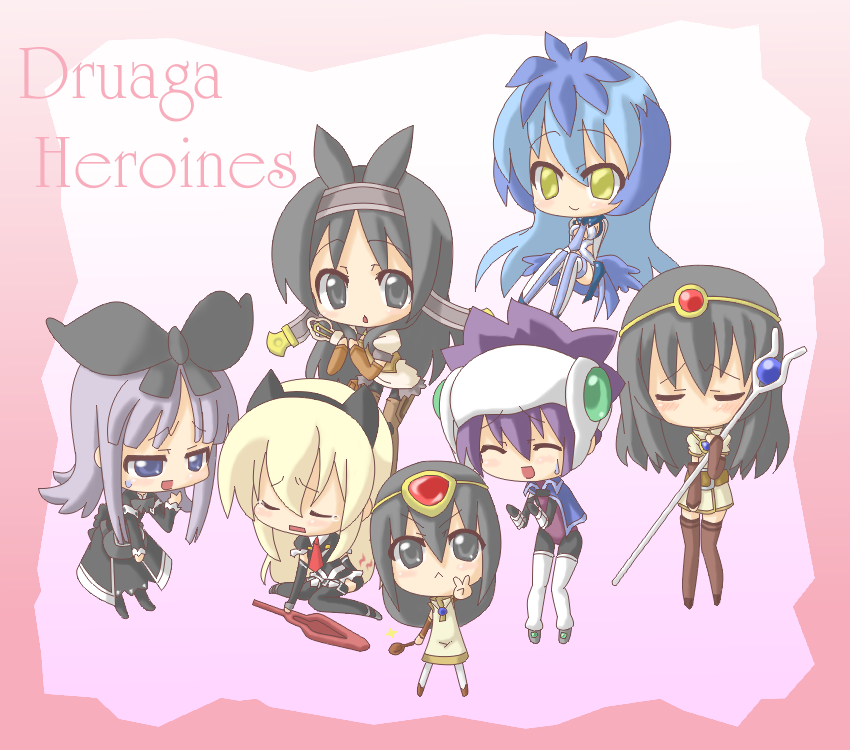 esoragoto, coopa, coopa (druaga), fatina, fatina (druaga), henaro, henaro (druaga), kaaya, kaaya (druaga), ki (druaga), succubus (druaga), babylonian castle saga, bandai namco, druaga no tou, 6+girls, :<, aged down, chestnut mouth, chibi, dress, female focus, gradient background, multiple girls, thighhighs