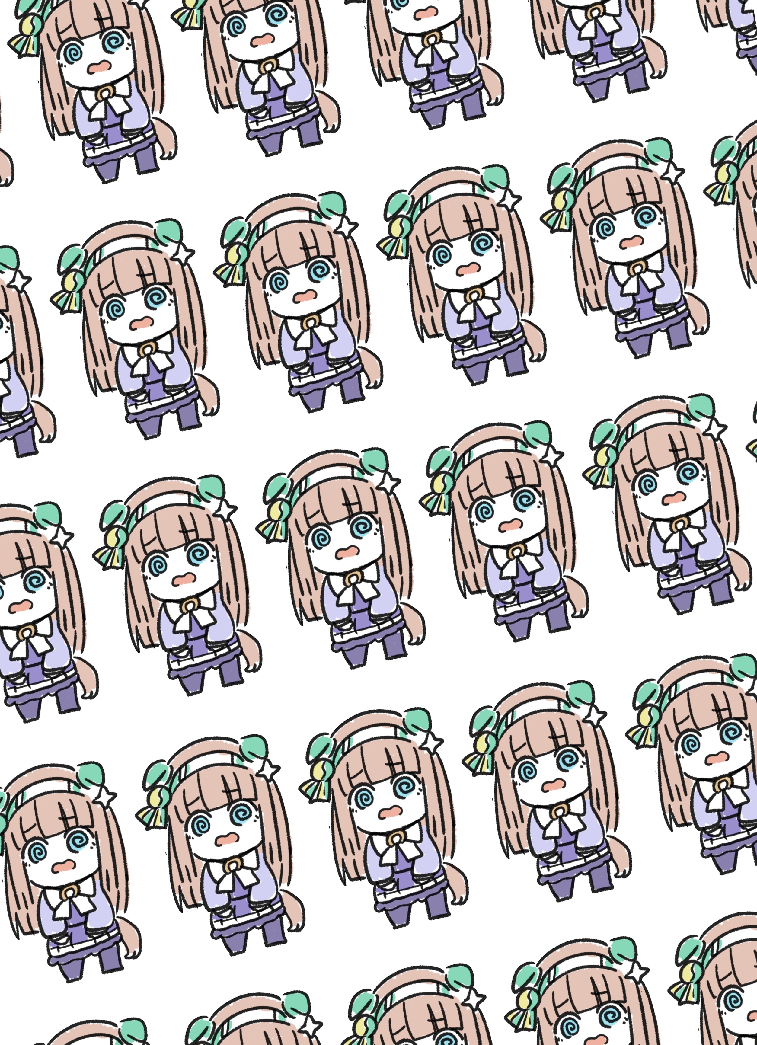 kawamochi (kawauti919), silence suzuka (umamusume), umamusume, absurdres, commentary request, highres, 1girl, @ @, animal ears, blue eyes, bow, brown hair, chibi, ears down, horse ears, horse girl, horse tail, long hair, long sleeves, open mouth, pantyhose, pleated skirt, puffy long sleeves, puffy sleeves, purple pantyhose, purple shirt, purple skirt, recurring image, school uniform, shirt, simple background, skirt, standing, tail, tracen school uniform, very long hair, wavy mouth, white background, white bow