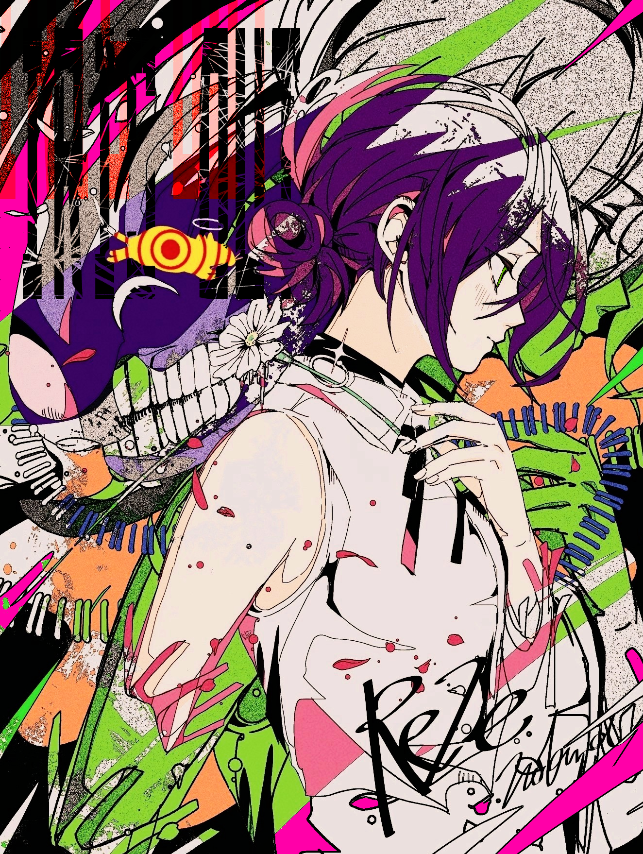 3kuma, bomb devil (chainsaw man), reze (chainsaw man), chainsaw man, highres, 1girl, bare shoulders, black choker, black ribbon, breasts, choker, collared shirt, from side, grenade pin, hair between eyes, hair bun, hand on own chest, light blush, medium breasts, medium hair, neck ribbon, purple hair, ribbon, ringed eyes, shirt, sleeveless, sleeveless shirt, solo, teeth, updo, white shirt