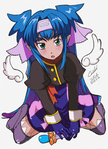 sora (firstaid), klan klein, macross, macross frontier, 00s, 1girl, angel wings, blue hair, boots, female focus, green eyes, headband, pointy ears, purple boots, solo, wings