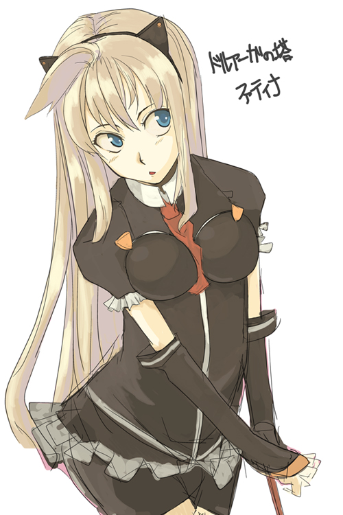 sora (firstaid), fatina, fatina (druaga), babylonian castle saga, bandai namco, druaga no tou, bad id, bad pixiv id, translation request, 1girl, bike shorts, blonde hair, blue eyes, breasts, female focus, simple background, solo