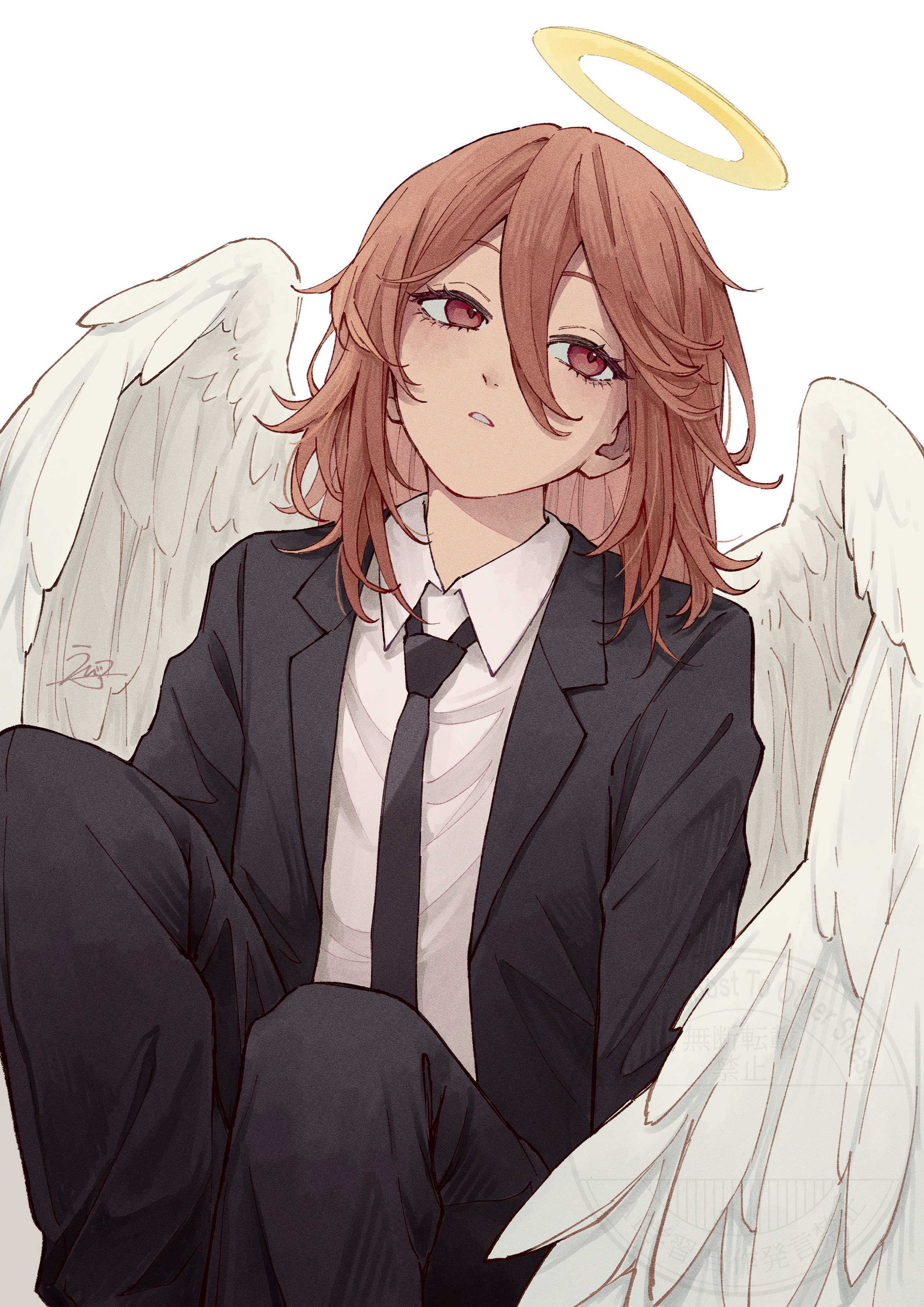 angel devil (chainsaw man), chainsaw man, absurdres, highres, 1boy, angel, angel wings, black jacket, black necktie, black pants, black suit, collared shirt, ebico ni52co, feathered wings, formal clothes, hair between eyes, jacket, long hair, male focus, necktie, pant suit, pants, parted lips, red eyes, red hair, shirt, simple background, solo, suit, suit jacket, white background, white shirt, white wings, wings