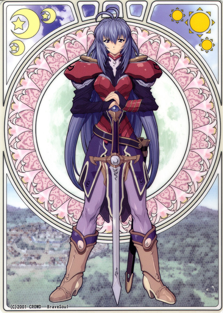 brave soul, mogudan, clare (brave soul), antenna hair, armor, art nouveau, blue eyes, blue hair, boots, flower, long hair, moon, solo, standing, star (symbol), sword, weapon
