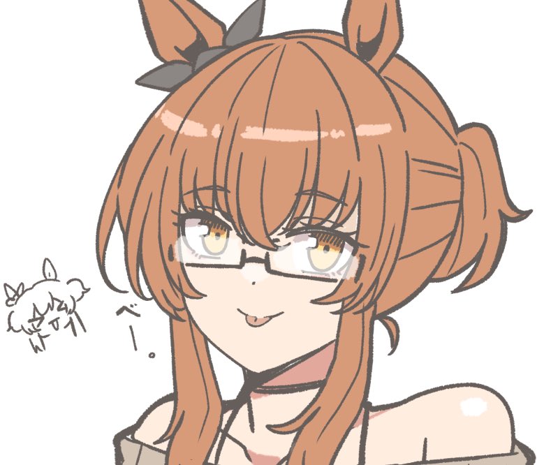 kawamochi (kawauti919), mayano top gun (umamusume), umamusume, commentary request, translation request, > <, 1girl, :d, :p, animal ears, bare shoulders, bespectacled, black-framed eyewear, black ribbon, bow, brown hair, brown sweater, chibi, chibi inset, closed eyes, closed mouth, collarbone, ear ribbon, glasses, horse ears, multiple views, off-shoulder sweater, off shoulder, open mouth, ponytail, ribbon, semi-rimless eyewear, simple background, smile, sweater, tongue, tongue out, under-rim eyewear, upper body, white background, xd
