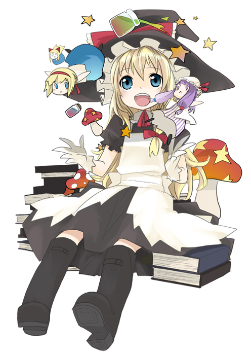 kusano houki, alice margatroid, kirisame marisa, patchouli knowledge, shanghai doll, touhou, bad id, bad pixiv id, 3girls, :d, blonde hair, blue eyes, book, book stack, boots, chibi, female focus, floating, floating object, gloves, hat, knee boots, multiple girls, mushroom, open mouth, sitting, smile, star (symbol), x mouth