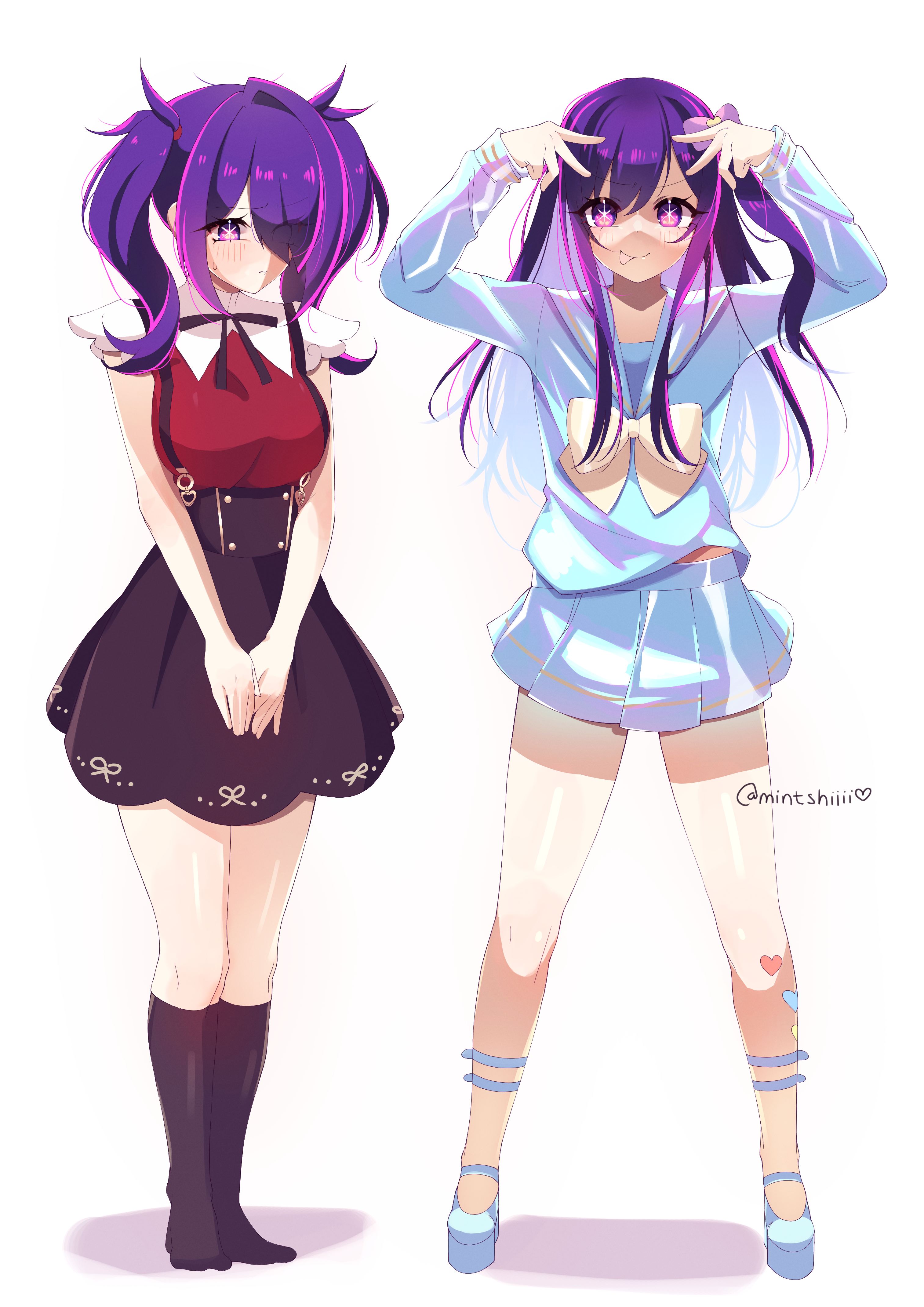 mintshiiii, ame-chan (needy girl overdose), chouzetsusaikawa tenshi-chan, hoshino ai, needy girl overdose, oshi no ko, absurdres, commentary, commission, highres, mixed-language commentary, 1girl, :p, ame-chan (needy girl overdose) (cosplay), black ribbon, blue serafuku, blue shirt, blue shoes, blue skirt, bow, breasts, chouzetsusaikawa tenshi-chan (cosplay), collared shirt, cosplay, double v, full body, hair bow, hair over one eye, hoshino ai's pose, kneehighs, large breasts, legs apart, long hair, long sleeves, looking at viewer, looking down, neck ribbon, no shoes, one side up, own hands together, pleated skirt, purple eyes, purple hair, red shirt, ribbon, school uniform, serafuku, shirt, shoes, shy, sidelocks, skirt, smile, socks, standing, star-shaped pupils, star (symbol), suspender skirt, suspenders, symbol-shaped pupils, tongue, tongue out, twintails, v, v over eye, white background, yellow bow