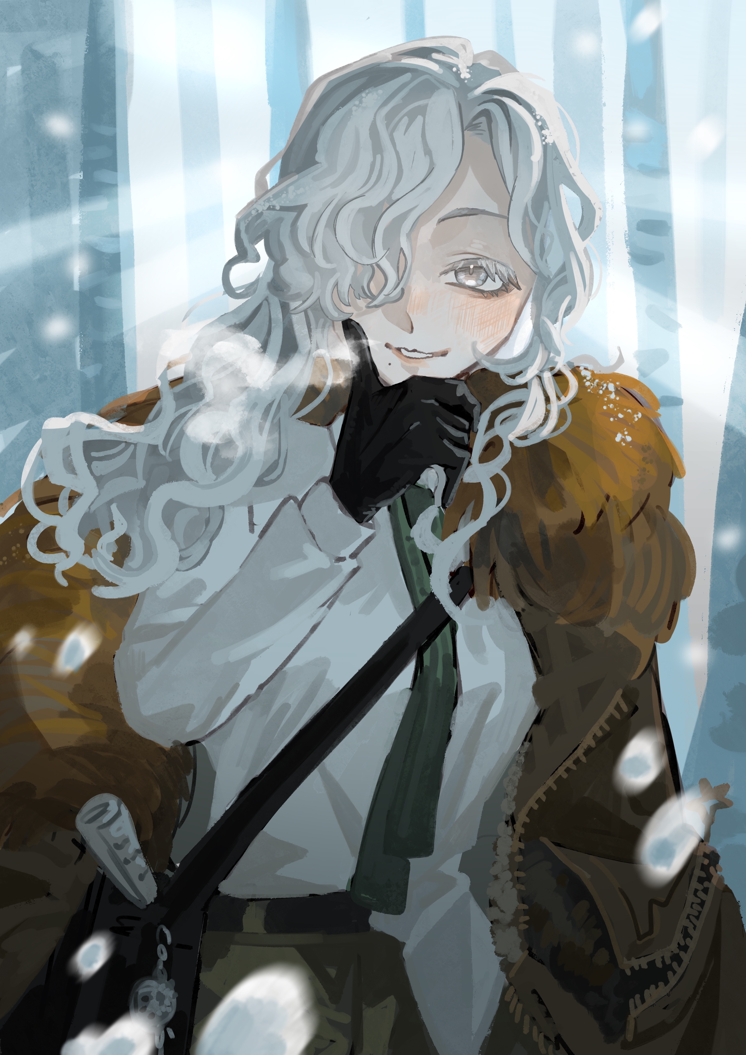 raysse, windsong (reverse:1999), reverse:1999, absurdres, highres, 1girl, arm out of sleeve, backlighting, bag, black bag, black gloves, brown coat, coat, curly hair, gloves, green necktie, grey eyes, grin, hair over one eye, hand on own chin, long hair, mole, mole under mouth, necktie, one eye covered, shirt, shoulder bag, smile, snowing, solo, tree, upper body, white hair, white shirt
