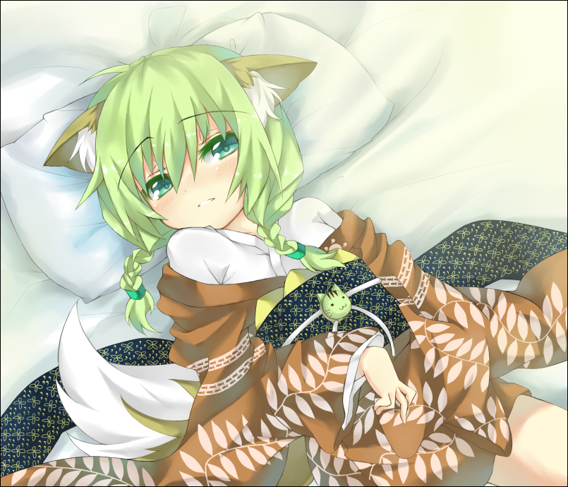 shingetsu takehito, saitou kon, original, 1girl, animal ears, braid, female focus, fox ears, fox tail, green eyes, green hair, hair over shoulder, japanese clothes, kimono, matching hair/eyes, pillow, solo, tail, twin braids