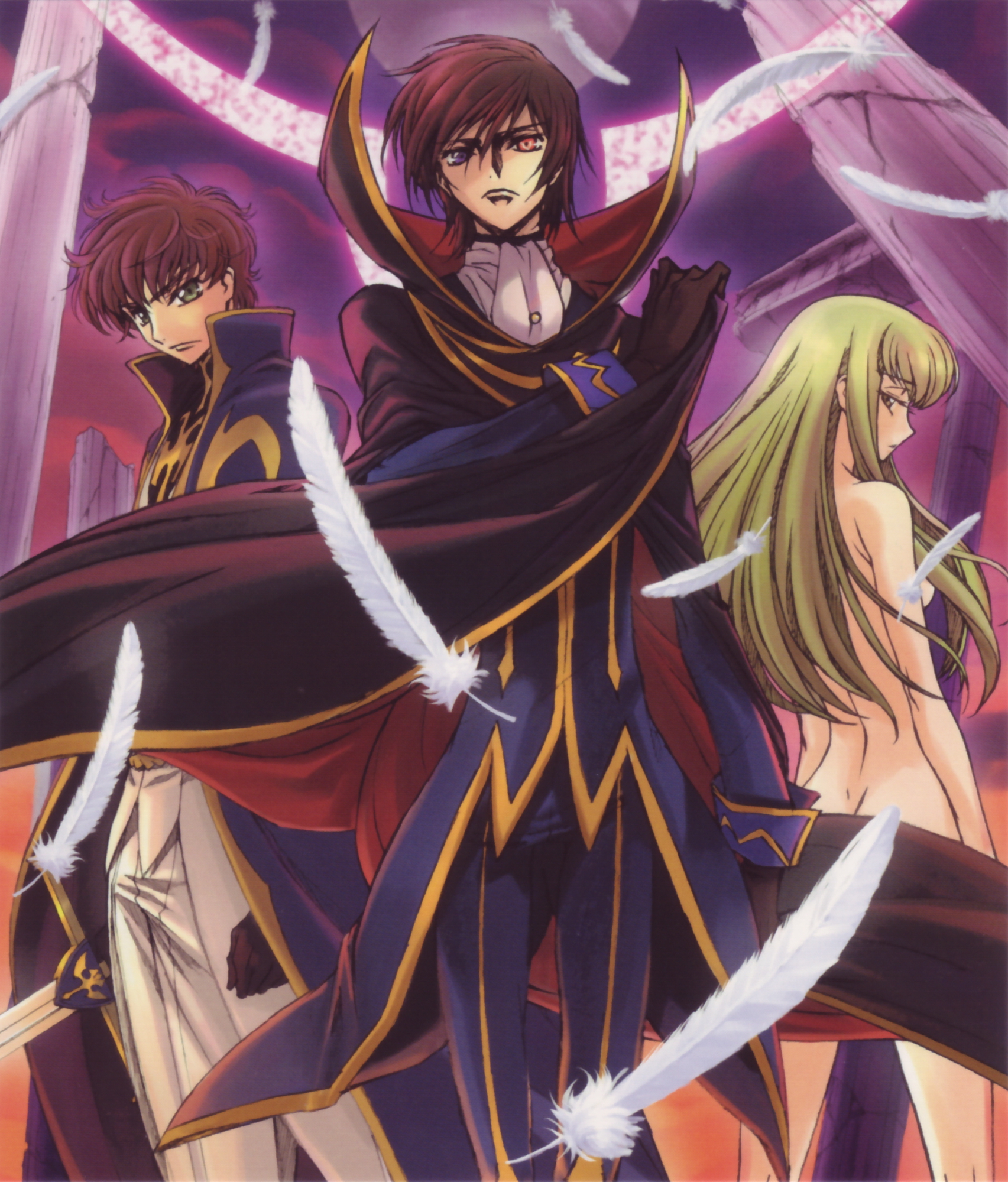 kimura takahiro, ookouchi ricca, c.c., kururugi suzaku, lelouch vi britannia, zero (code geass), code geass, highres, official art, 00s, 1girl, 2boys, black hair, brown hair, cape, feathers, green eyes, green hair, long hair, multiple boys, nude, outdoors, short hair, sky