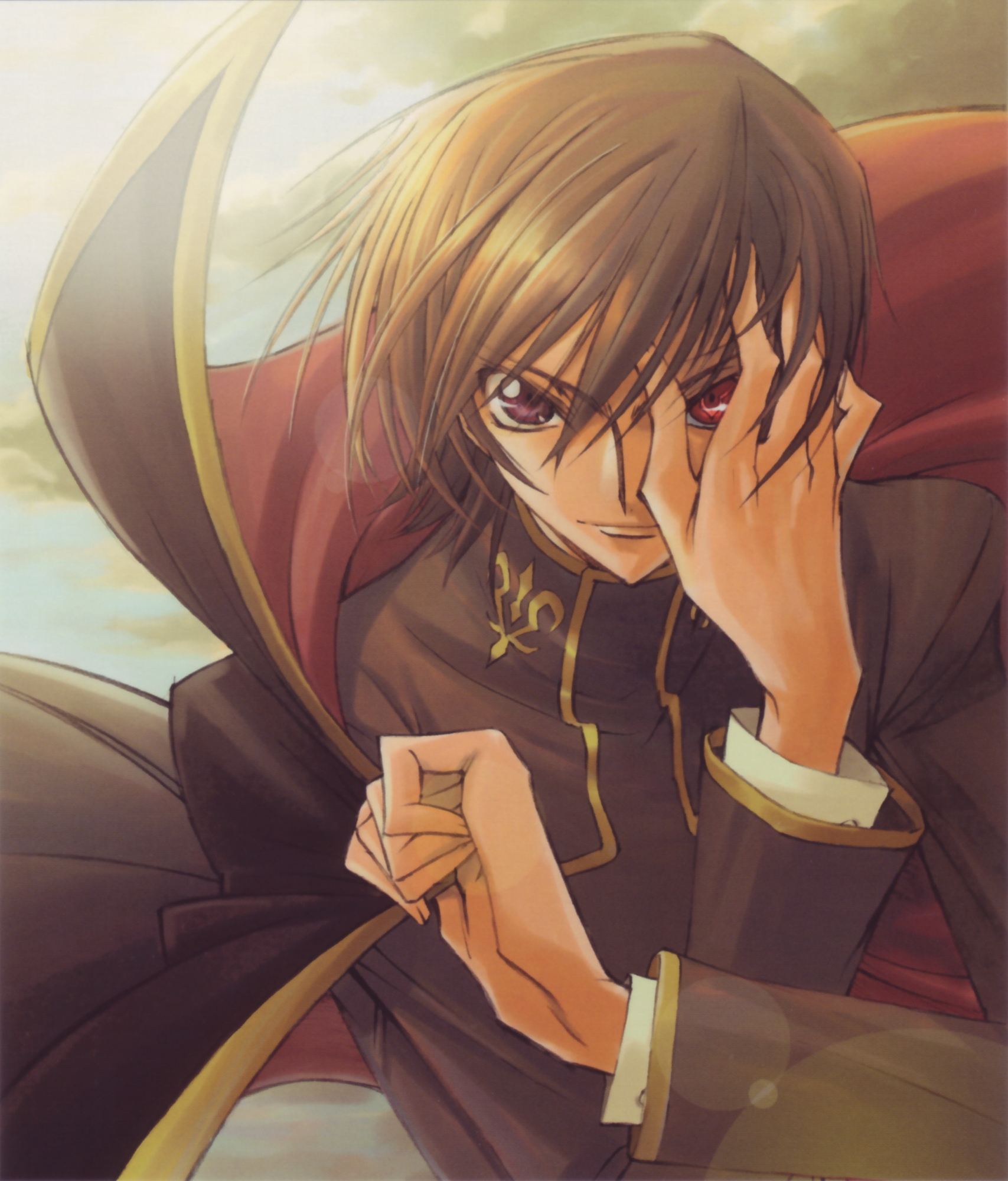 kimura takahiro, ookouchi ricca, lelouch vi britannia, zero (code geass), code geass, highres, official art, 00s, 1boy, black hair, geass, heterochromia, male focus, short hair, solo