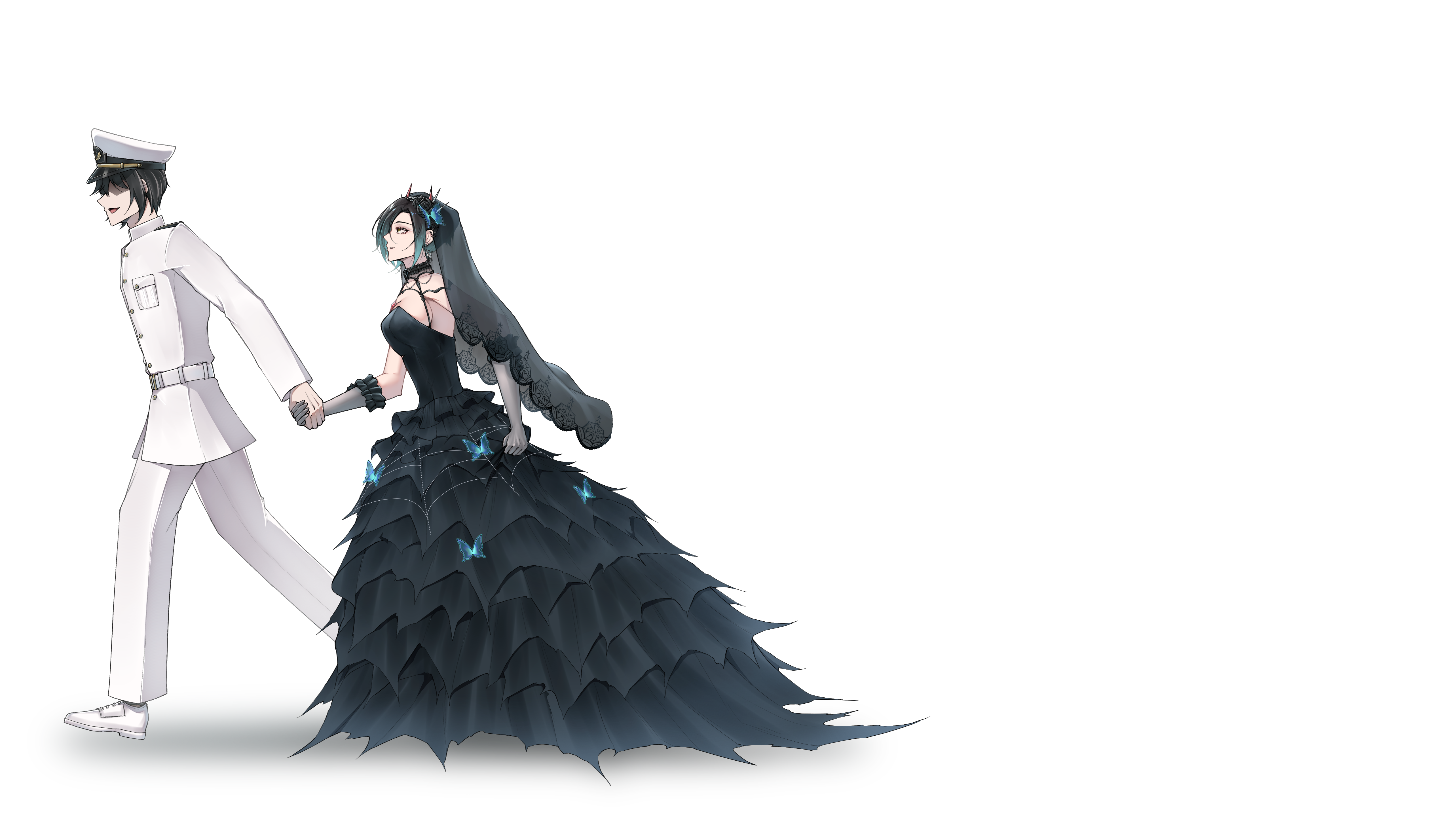 xuwasoo, commander (azur lane), ulrich von hutten (azur lane), ulrich von hutten (liebestrank) (azur lane), azur lane, absurdres, commentary, english commentary, highres, 1boy, 1girl, bare shoulders, black choker, black dress, black eyeshadow, black flower, black hair, black rose, black veil, breasts, bridal veil, bride, butterfly hair ornament, choker, cleavage, dress, dress shoes, epaulettes, eyeshadow, faceless, faceless male, flower, frilled choker, frills, full body, gloves, goth fashion, gradient hair, groom, hair flower, hair ornament, hat, holding, holding hands, horns, husband and wife, jacket, makeup, mechanical horns, medium breasts, military hat, military uniform, multicolored hair, naval uniform, official alternate costume, open mouth, pants, peaked cap, red horns, rose, see-through clothes, see-through gloves, shoes, short hair, silk, slit pupils, smile, spider web, spiked choker, spiked ear piercing, spikes, two-tone hair, veil, walking, wedding dress, white gloves, white hair, white hat, white jacket, white pants, white shoes, yellow eyes