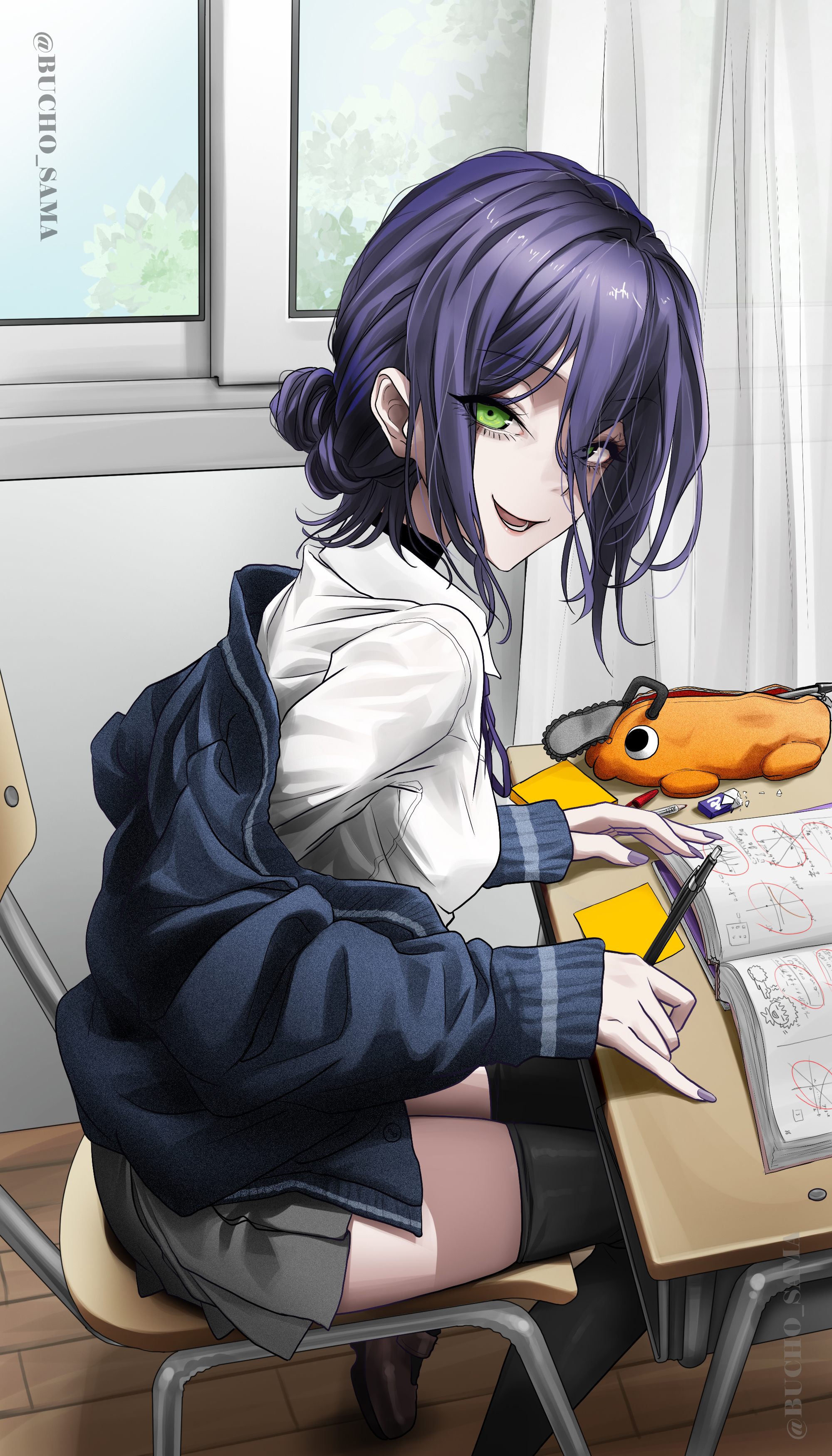 bucho sama, pochita (chainsaw man), reze (chainsaw man), chainsaw man, absurdres, commentary request, highres, 1girl, black thighhighs, blue jacket, book, chair, classroom, desk, green eyes, grey skirt, hair between eyes, hair bun, holding, holding pen, indoors, jacket, looking at viewer, notebook, open book, open mouth, pen, purple hair, school chair, school desk, school uniform, shirt, skirt, solo, thighhighs, white shirt, window