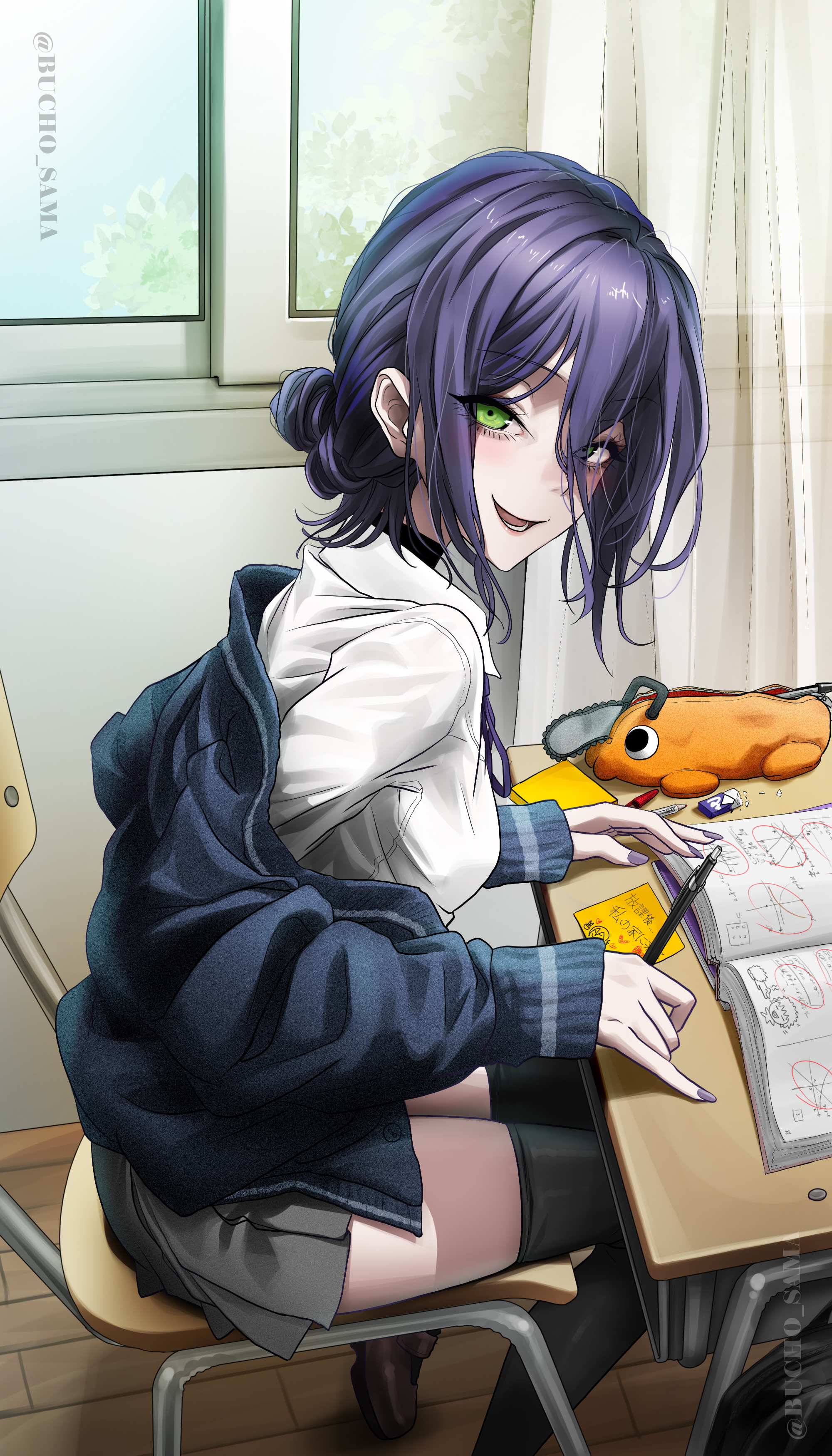 bucho sama, pochita (chainsaw man), reze (chainsaw man), chainsaw man, absurdres, commentary request, highres, 1girl, black thighhighs, blue jacket, book, chair, classroom, desk, green eyes, grey skirt, hair between eyes, hair bun, holding, holding pen, indoors, jacket, looking at viewer, notebook, open book, open mouth, pen, purple hair, school chair, school desk, school uniform, shirt, skirt, solo, thighhighs, white shirt, window