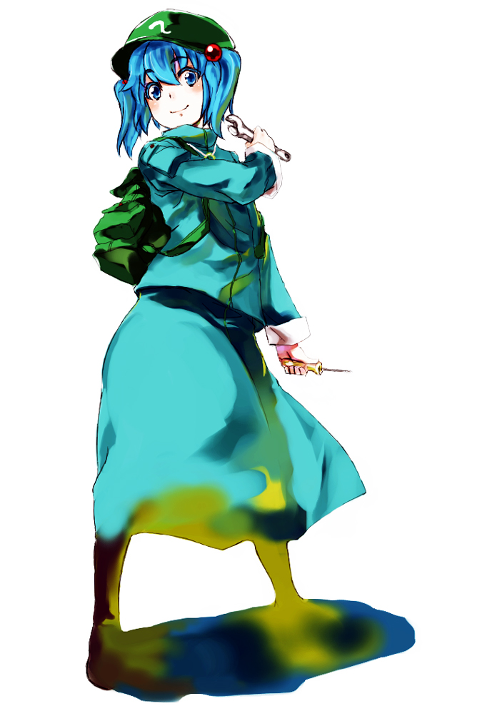 kirisato itsuki, kawashiro nitori, touhou, bad id, bad pixiv id, 1girl, female focus, hair bobbles, hair ornament, screwdriver, solo, two side up, wrench