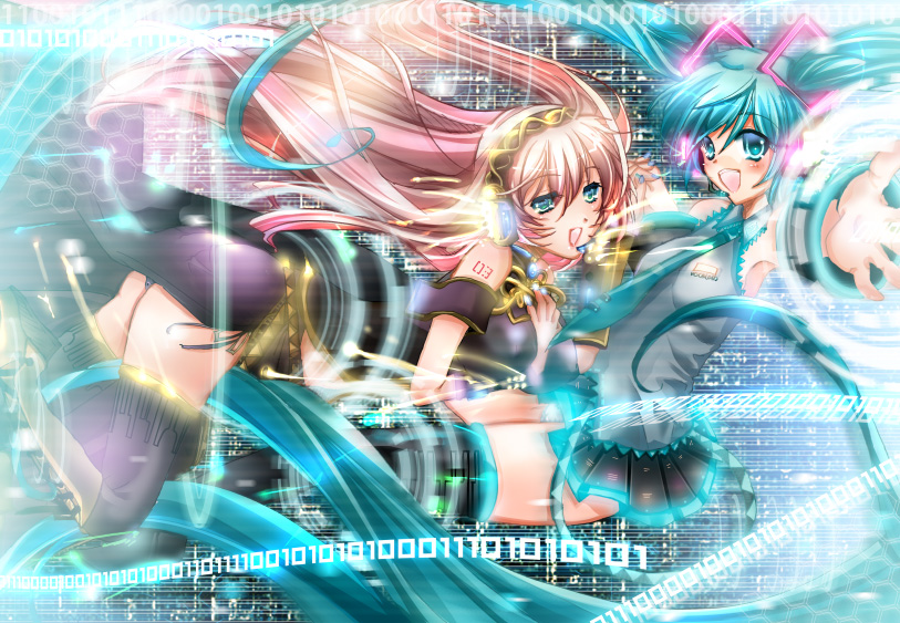 sakayaki (burning soul), hatsune miku, megurine luka, vocaloid, 2girls, aqua hair, binary, blue eyes, hairband, holographic interface, long hair, looking at viewer, multiple girls, pink hair, thighhighs, twintails, very long hair, zettai ryouiki