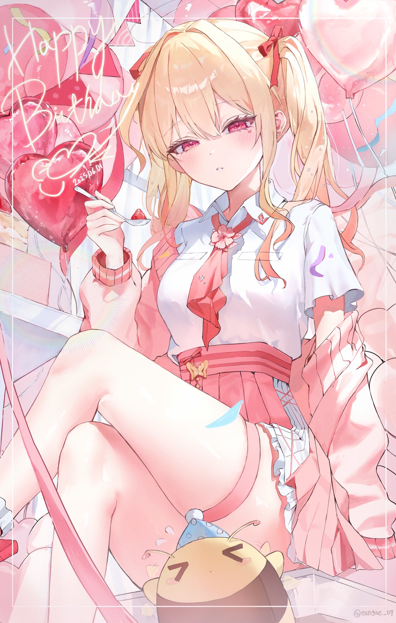 indie virtual youtuber, character request, commentary request, highres, korean commentary, > <, 2025, balloon, blonde hair, blunt bangs, blush, bow, cake, cake slice, censored, collared shirt, crossed legs, dated, eungae 09, eyelashes, flower, food, frilled skirt, frills, fruit, hair bow, hair intakes, hair ribbon, hand up, happy, heart balloon, high-waist skirt, holding, holding spoon, long hair, looking at viewer, necktie, novelty censor, parted lips, pink flower, pink necktie, pink skirt, pleated skirt, red bow, red eyes, red ribbon, ribbon, shiny skin, shirt, short sleeves, sidelocks, sitting, skindentation, skirt, spoon, strawberry, thigh strap, thighs, tsurime, twintails, virtual youtuber, white shirt