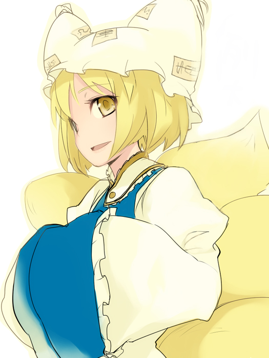 kusano houki, yakumo ran, touhou, bad id, bad pixiv id, 1girl, animal hat, blonde hair, female focus, fox tail, hands in opposite sleeves, hat, long sleeves, mob cap, multiple tails, short hair, solo, tail, white background, wide sleeves, yellow eyes
