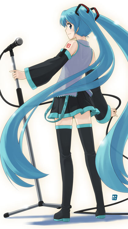 nagian, hatsune miku, vocaloid, 1girl, aqua hair, female focus, full body, long hair, microphone, microphone stand, solo, standing, thighhighs, twintails, very long hair