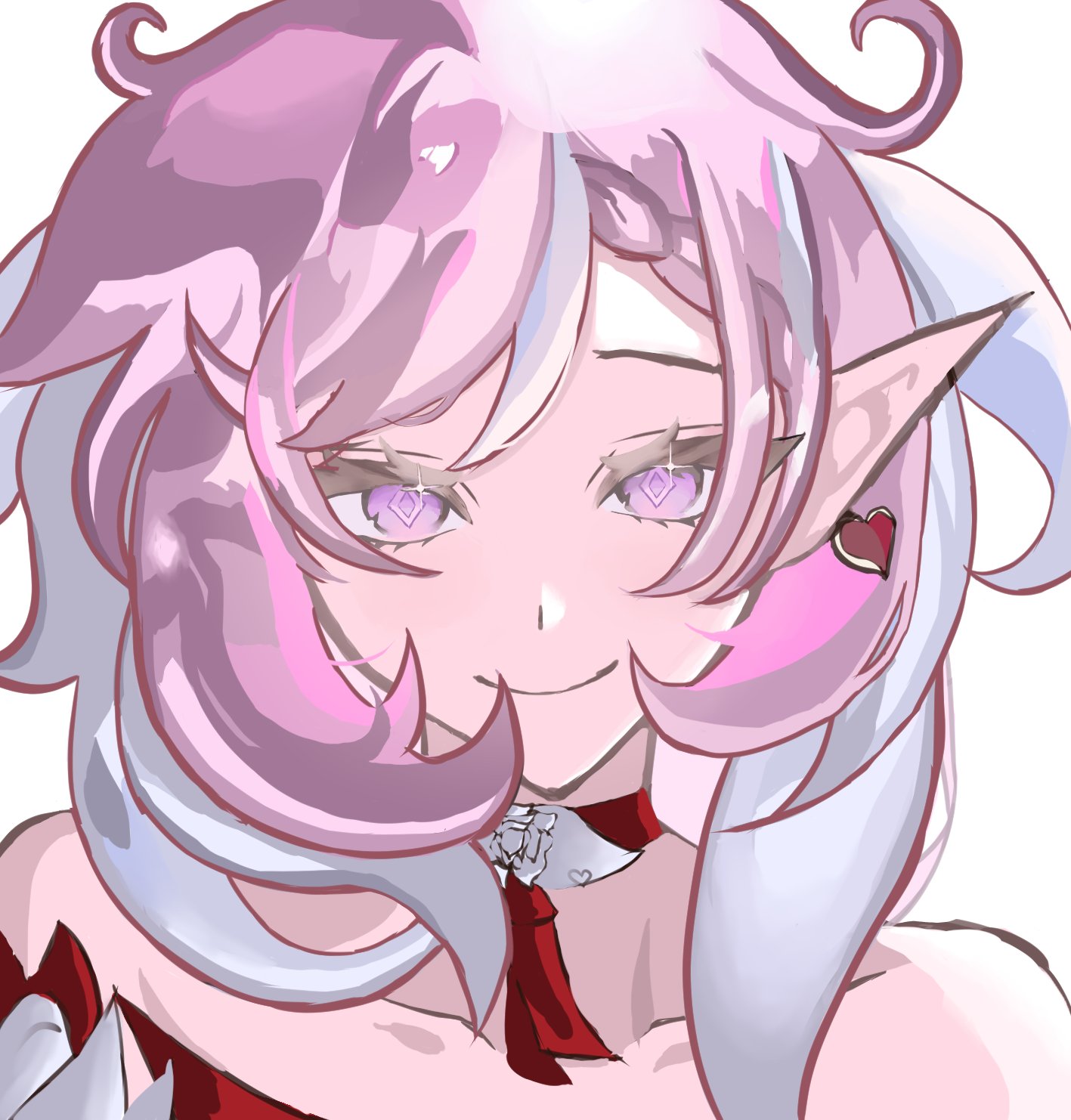 elysia (hi love elf) (honkai impact), elysia (honkai impact), honkai (series), honkai impact 3rd, hashtag-only commentary, highres, 1girl, bare shoulders, cherrry witchh, diamond-shaped pupils, diamond (shape), elf, looking at viewer, multicolored hair, pink hair, pointy ears, purple eyes, short hair, simple background, smile, solo, symbol-shaped pupils, two-tone hair, upper body, white background, white hair