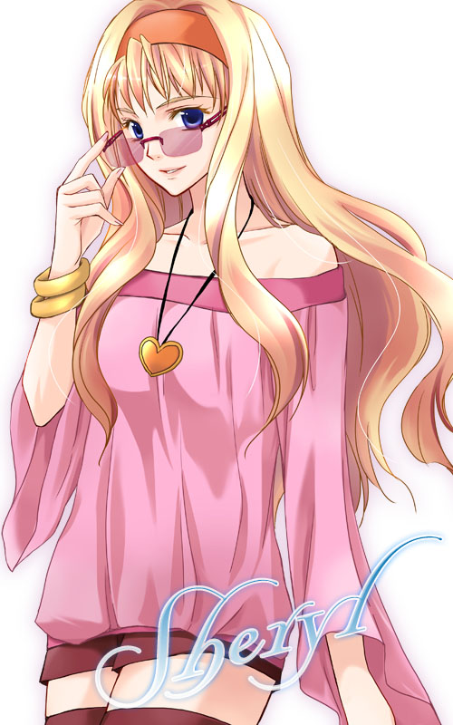 momoco, sheryl nome, macross, macross frontier, bad id, bad pixiv id, 00s, 1girl, adjusting eyewear, adjusting glasses, blonde hair, blue eyes, female focus, glasses, looking over eyewear, looking over glasses, pink-tinted eyewear, pink-tinted glasses, solo, sunglasses, thighhighs, tinted eyewear