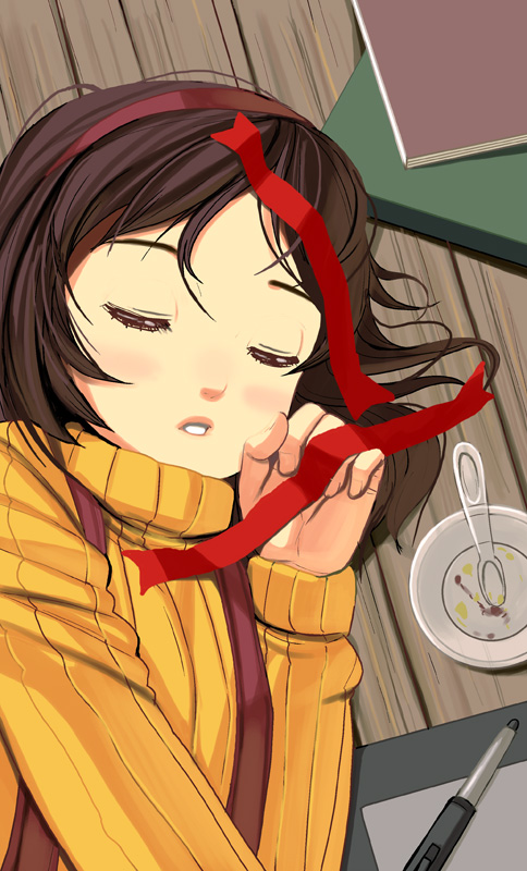 kouno (masao), bad id, bad pixiv id, blush, book, brown hair, drawing tablet, food, hairband, ice cream, pen, ribbon, short hair, sleeping, solo, spoon, stylus, sweater