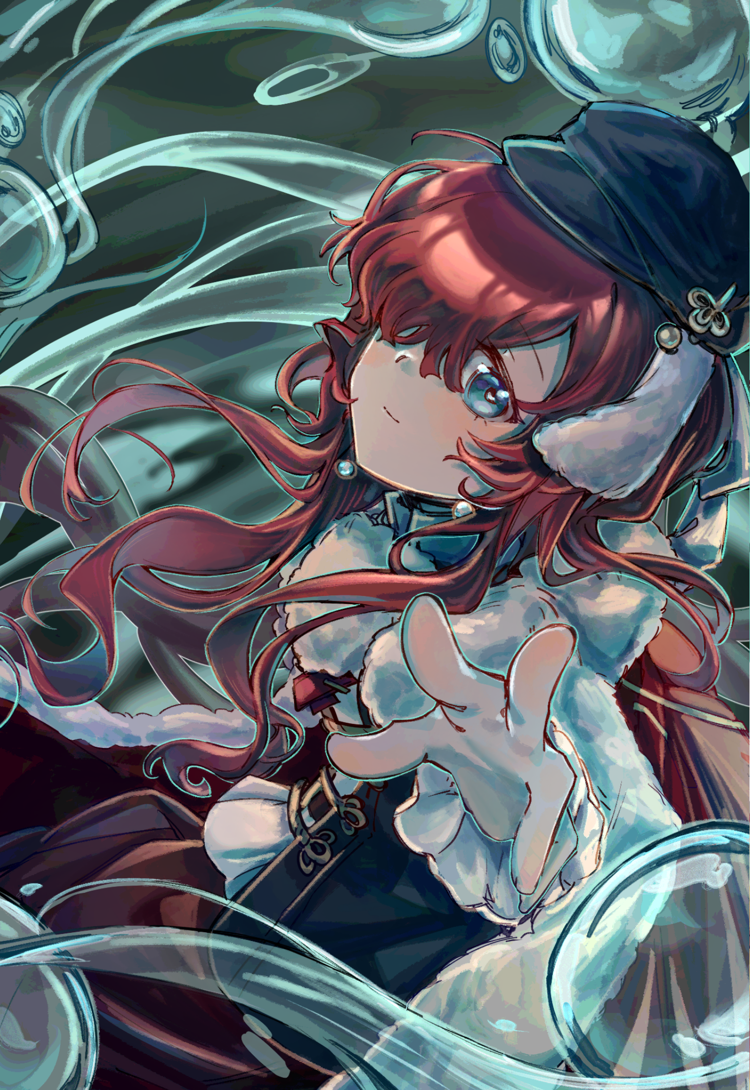 yenisei (reverse:1999), reverse:1999, highres, 1girl, black hat, black vest, blue background, blue eyes, cape, closed mouth, fur-trimmed cape, fur trim, hair over one eye, hat, hydrokinesis, looking at viewer, newsboy cap, one eye covered, outstretched arm, red cape, red hair, shirt, shynnie, solo, upper body, vest, water, white shirt