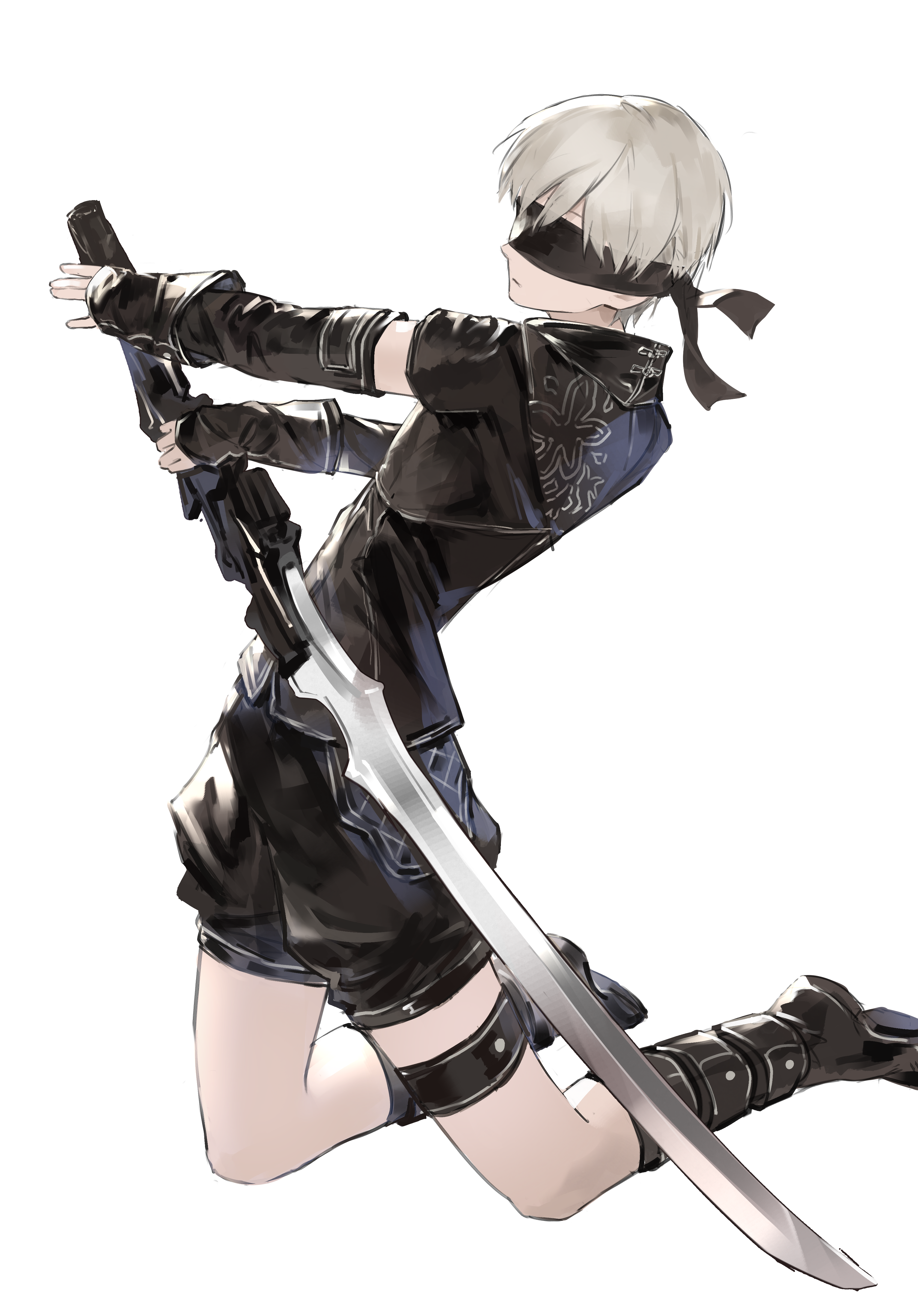 honseie, 9s (nier:automata), nier:automata, nier (series), absurdres, highres, 1boy, baggy shorts, bare legs, bishounen, black boots, black gloves, black shirt, black shorts, blindfold, boots, covered eyes, elbow gloves, fingerless gloves, full body, gloves, holding, holding sword, holding weapon, knee boots, male focus, print shirt, prototype design, reverse grip, shirt, short hair, shorts, simple background, solo, sword, thigh strap, type-4o sword, weapon, white background, white hair