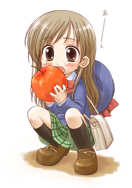sakashita yuzuyu, aishiteruze baby, 00s, 1girl, apple, blush, brown eyes, brown hair, child, eating, female focus, food, fruit, holding, holding food, holding fruit, long hair, school uniform, skirt, solo, squatting