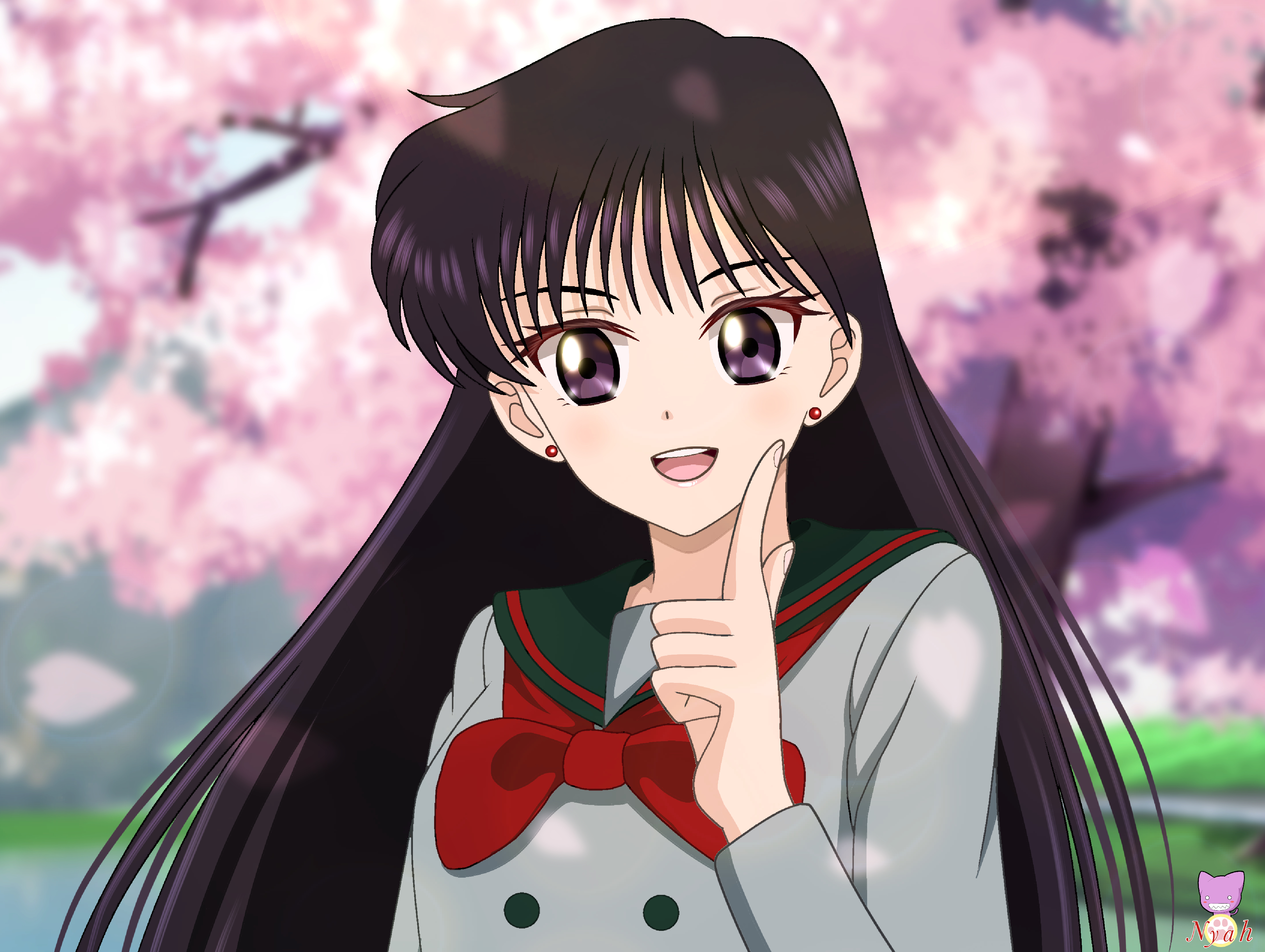 nyahoekaki1, hino rei, bishoujo senshi sailor moon, absurdres, highres, black hair, black sailor collar, bow, earrings, jewelry, lips, long hair, purple eyes, red bow, sailor collar, school uniform, serafuku, stud earrings, swept bangs, ta girls school uniform, very long hair