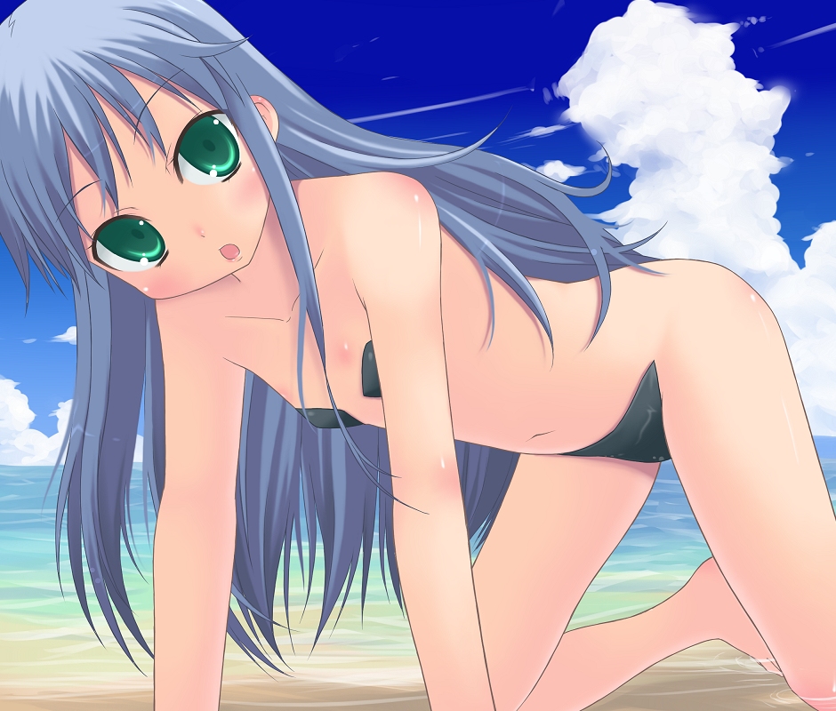 amamiya minato, index (toaru majutsu no index), toaru majutsu no index, 00s, all fours, barefoot, bikini, black bikini, day, flat chest, micro bikini, solo, swimsuit