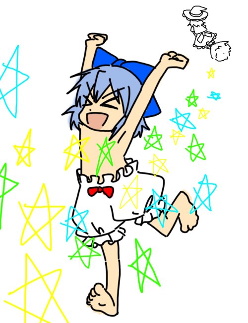 wabi (wbsk), wabi tsubaki, cirno, kirisame marisa, embodiment of scarlet devil, touhou, > <, 2girls, armpits, barefoot, bloomers, blue hair, broom, chibi, closed eyes, feet, female focus, hat, multiple girls, short hair, star (symbol), topless female, underwear, witch hat