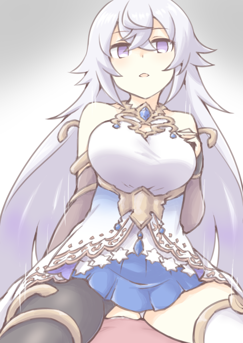 magic mirror (grimms notes), grimms notes, 1boy, 1girl, blue skirt, breasts, cleavage cutout, clothing cutout, cowgirl position, empty eyes, hetero, large breasts, looking at viewer, parted lips, sex, skirt, solo focus, straddling, vaginal