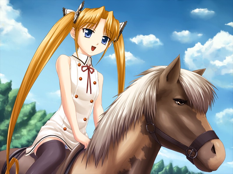 kuonji miyu, kimi ga aruji de shitsuji ga ore de, non-web source, 00s, 1girl, animal, blonde hair, blue eyes, cloud, female focus, horse, long hair, outdoors, panties, pantyshot, riding, sky, solo, striped clothes, striped panties, thighhighs, twintails, underwear