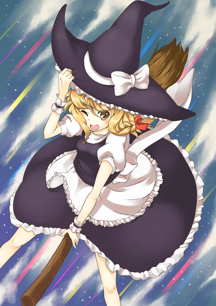 mitsuki meia, kirisame marisa, touhou, bad id, bad pixiv id, 1girl, broom, broom riding, female focus, hand on headwear, hat, outdoors, skirt, sky, solo, wink, witch, witch hat, wrist cuffs, yellow eyes