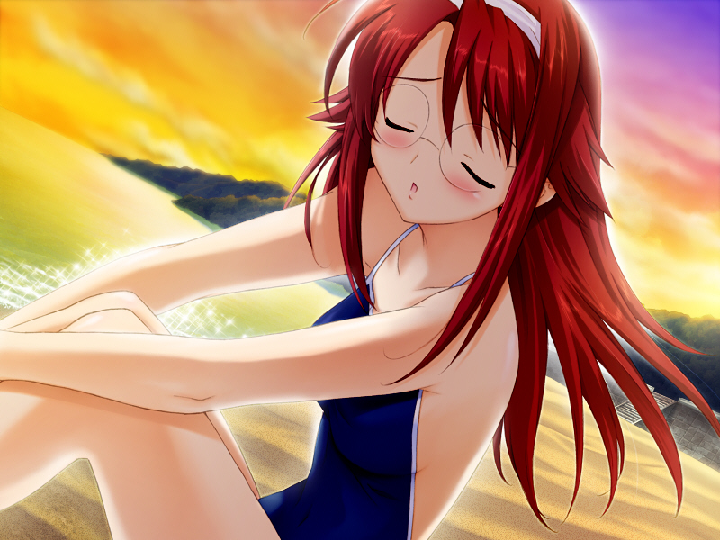 mutsumi masato, kirishima isami, yokubari saboten, game cg, non-web source, 1girl, blush, closed eyes, dutch angle, female focus, glasses, long hair, one-piece swimsuit, red hair, sky, solo, swimsuit