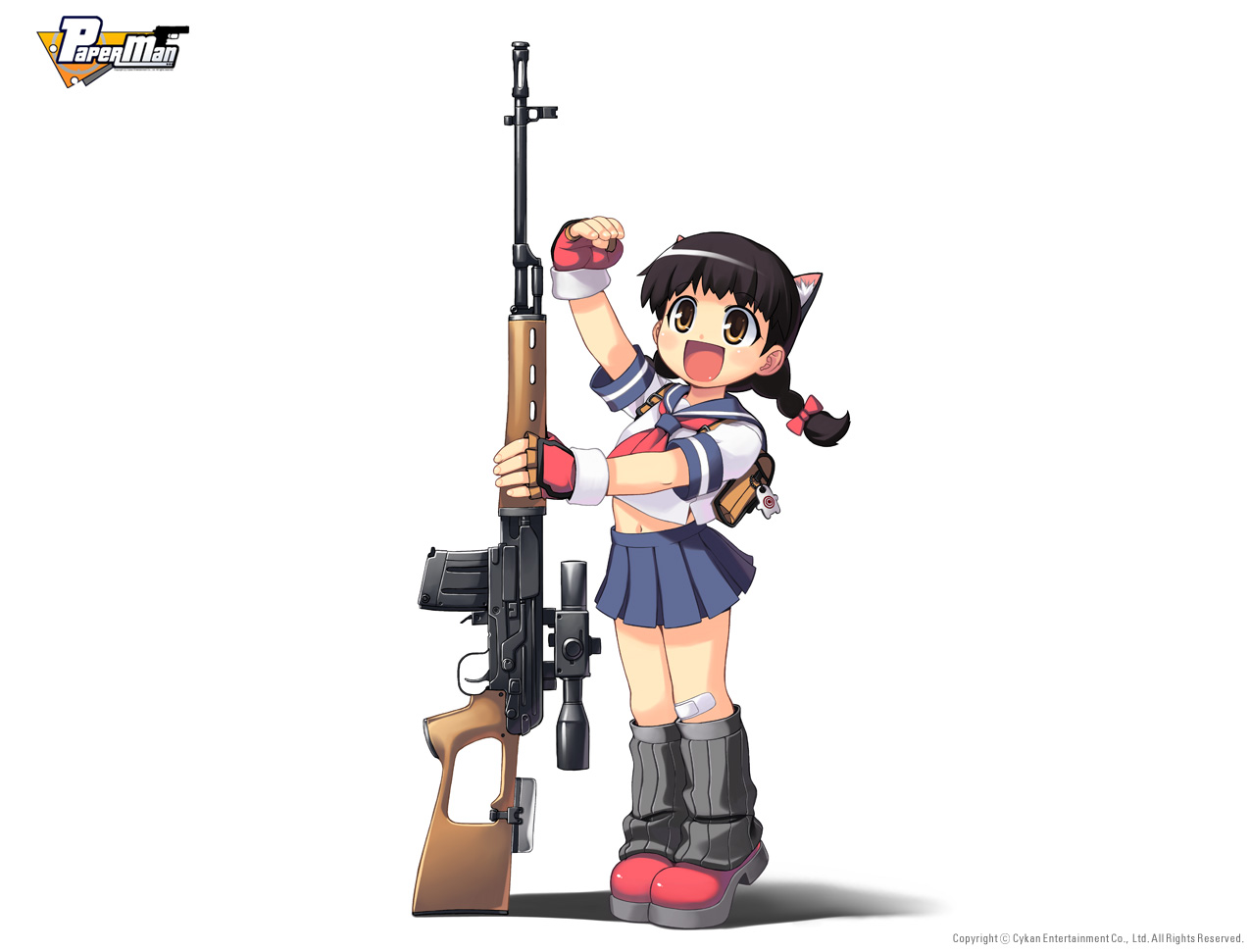 milly (paperman), paper man, official art, animal ears, backpack, bag, bandaid, black hair, braid, cat ears, dragunov svd, fingerless gloves, gloves, gun, loose socks, midriff, muzzle device, navel, randoseru, rifle, school uniform, scope, serafuku, short hair, smile, sniper rifle, socks, solo, thumbhole stock, weapon, yellow eyes