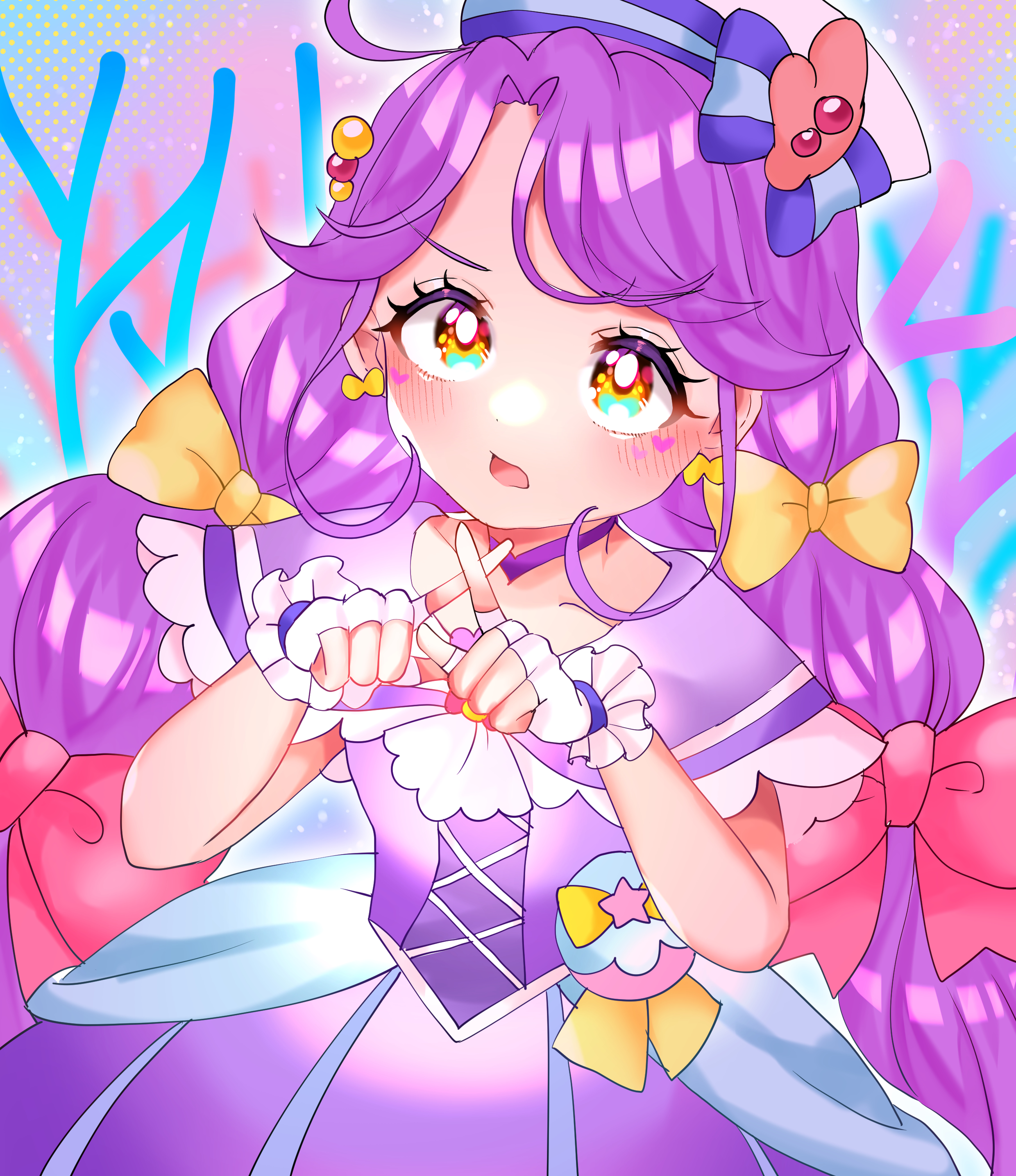 gateau scr, cure coral, suzumura sango, precure, tropical-rouge! precure, absurdres, commentary, highres, 1girl, ahoge, ascot, blue background, blush, bow, bright pupils, brooch, choker, collarbone, coral, curly sidelocks, d:, dress, earrings, facial mark, fingerless gloves, frilled gloves, frills, furrowed brow, gloves, gradient background, hair bobbles, hair bow, hair ornament, hat, hat ornament, heart, heart facial mark, heart in eye, heart on cheek, jewelry, long hair, looking at viewer, low twintails, magical girl, medium dress, multi-tied hair, multiple hair bows, open mouth, orange eyes, pact holder, pink ascot, pink background, pink bow, pouch, purple choker, purple dress, purple hair, purple sailor collar, sailor collar, sailor hat, serious, shell brooch, shell hat ornament, sleeveless, sleeveless dress, solo, symbol in eye, tropical pact, twintails, upper body, very long hair, white gloves, white hat, white pupils, x fingers, yellow bow