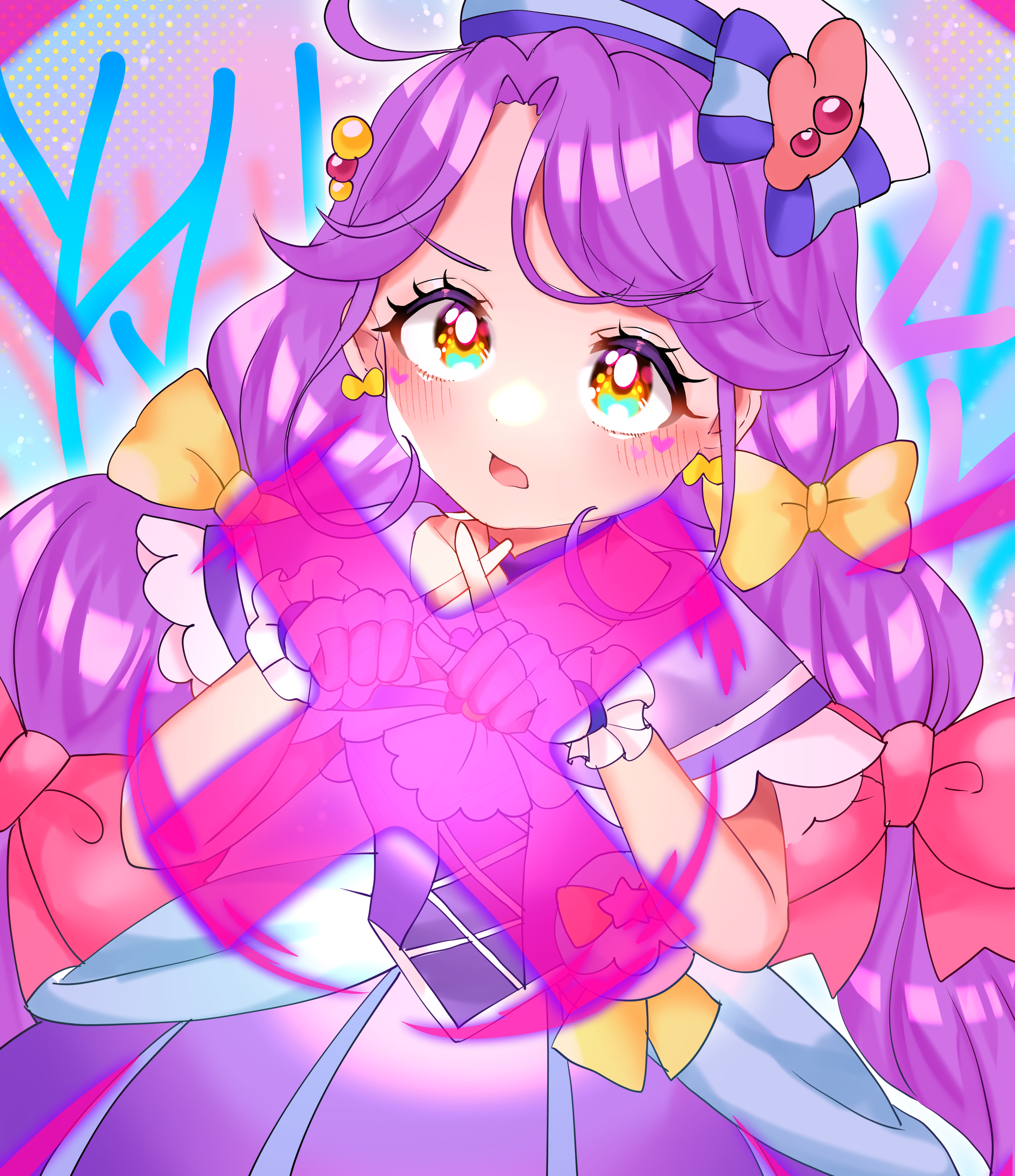 gateau scr, cure coral, suzumura sango, precure, tropical-rouge! precure, absurdres, commentary, highres, 1girl, ahoge, ascot, blue background, blush, bow, bright pupils, brooch, choker, collarbone, coral, curly sidelocks, d:, dress, earrings, energy barrier, energy shield, facial mark, fingerless gloves, frilled gloves, frills, furrowed brow, gloves, gradient background, hair bobbles, hair bow, hair ornament, hat, hat ornament, heart, heart facial mark, heart in eye, heart on cheek, jewelry, long hair, looking at viewer, low twintails, magical girl, medium dress, multi-tied hair, multiple hair bows, open mouth, orange eyes, pact holder, pink ascot, pink background, pink bow, pouch, purple choker, purple dress, purple hair, purple sailor collar, sailor collar, sailor hat, serious, shell brooch, shell hat ornament, sleeveless, sleeveless dress, solo, symbol in eye, tropical pact, twintails, upper body, very long hair, white gloves, white hat, white pupils, x fingers, yellow bow