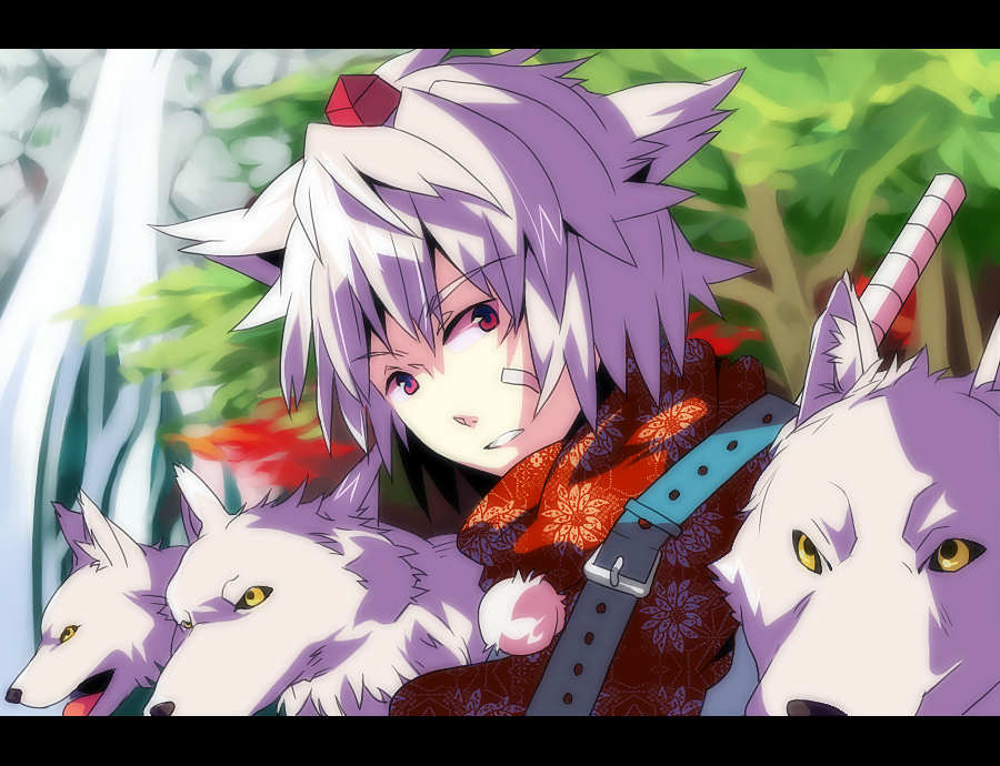 kimino tomonari, inubashiri momiji, touhou, 1girl, animal ears, female focus, hat, outdoors, plant, red eyes, short hair, solo, tokin hat, water, wolf, wolf ears