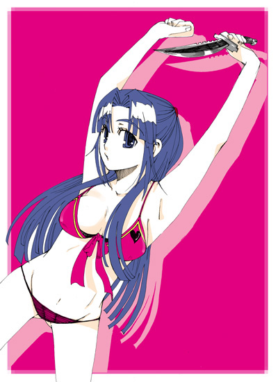 haruharu, asakura ryoko, suzumiya haruhi no yuuutsu, bad id, bad pixiv id, 00s, armpits, arms up, bikini, blue eyes, blue hair, knife, long hair, pink bikini, solo, swimsuit