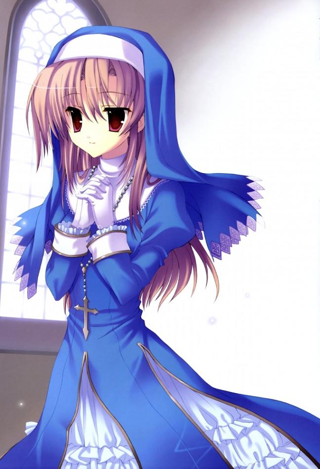 mitha, non-web source, brown hair, cross, gloves, long hair, nun, red eyes, veil
