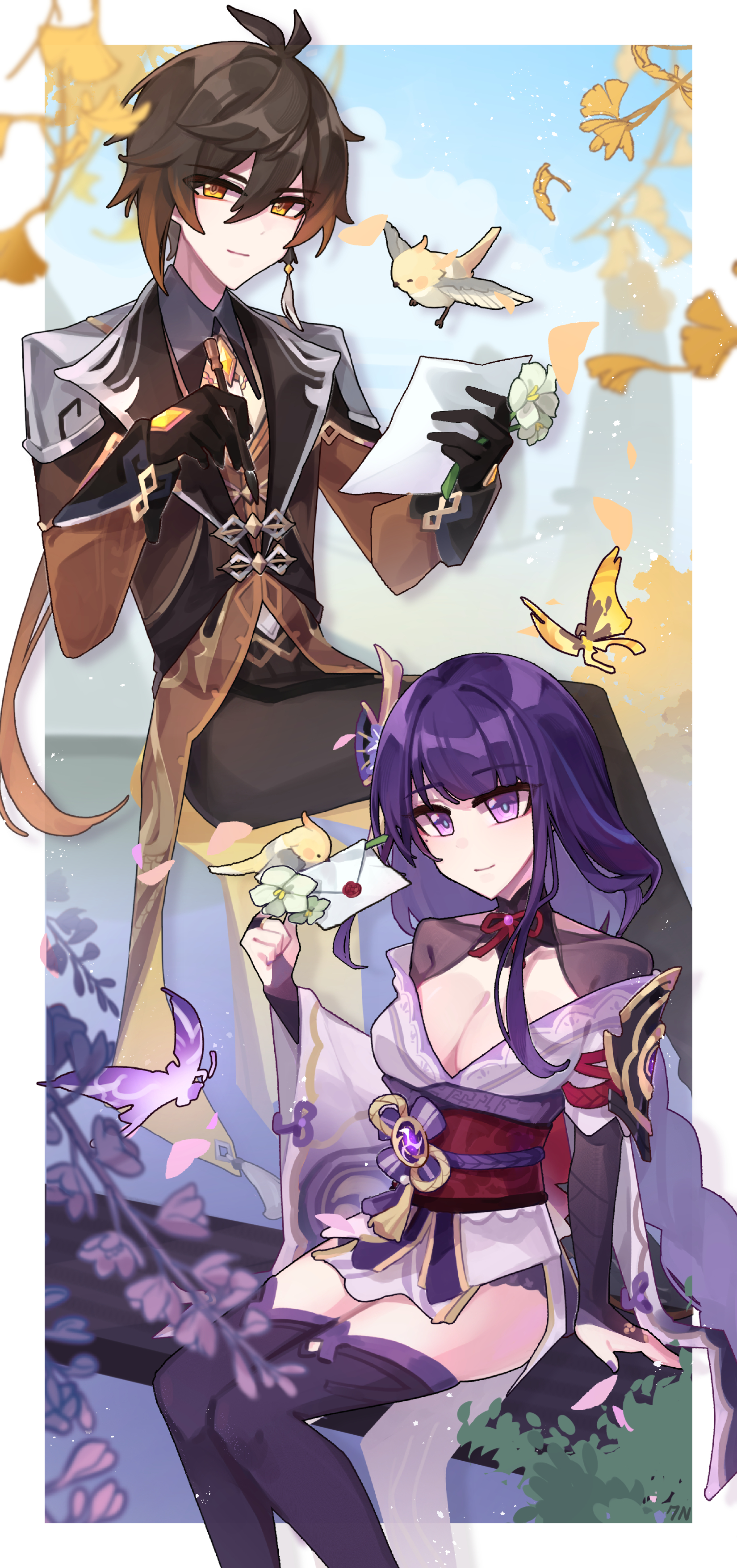 c520gpss, crystalfly (genshin impact), raiden shogun, zhongli (genshin impact), genshin impact, absurdres, chinese commentary, commentary request, highres, 1boy, 1girl, animal, bird, bird wings, black gloves, black panties, blue pupils, blue sky, blunt bangs, blurry, blurry background, braid, breasts, bridal gauntlets, brown hair, brown pants, brown suit, bug, butterfly, chinese clothes, cleavage, close-up, couple, covered collarbone, crossed legs, depth of field, earrings, flower, formal clothes, friends, gloves, glowing, glowing butterfly, gradient hair, hair between eyes, hair ornament, holding, holding letter, huge breasts, insect, japanese clothes, jewelry, kimono, letter, light smile, long braid, long hair, long sleeves, looking at viewer, looking to the side, love letter, mole, mole under eye, multicolored eyes, multicolored hair, off shoulder, orange eyes, outdoors, panties, pants, purple eyes, purple hair, purple kimono, purple thighhighs, red sash, sash, shade, shadow, single braid, single earring, sitting, sky, streaked hair, suit, thighhighs, thighs, underwear, white flower, wings