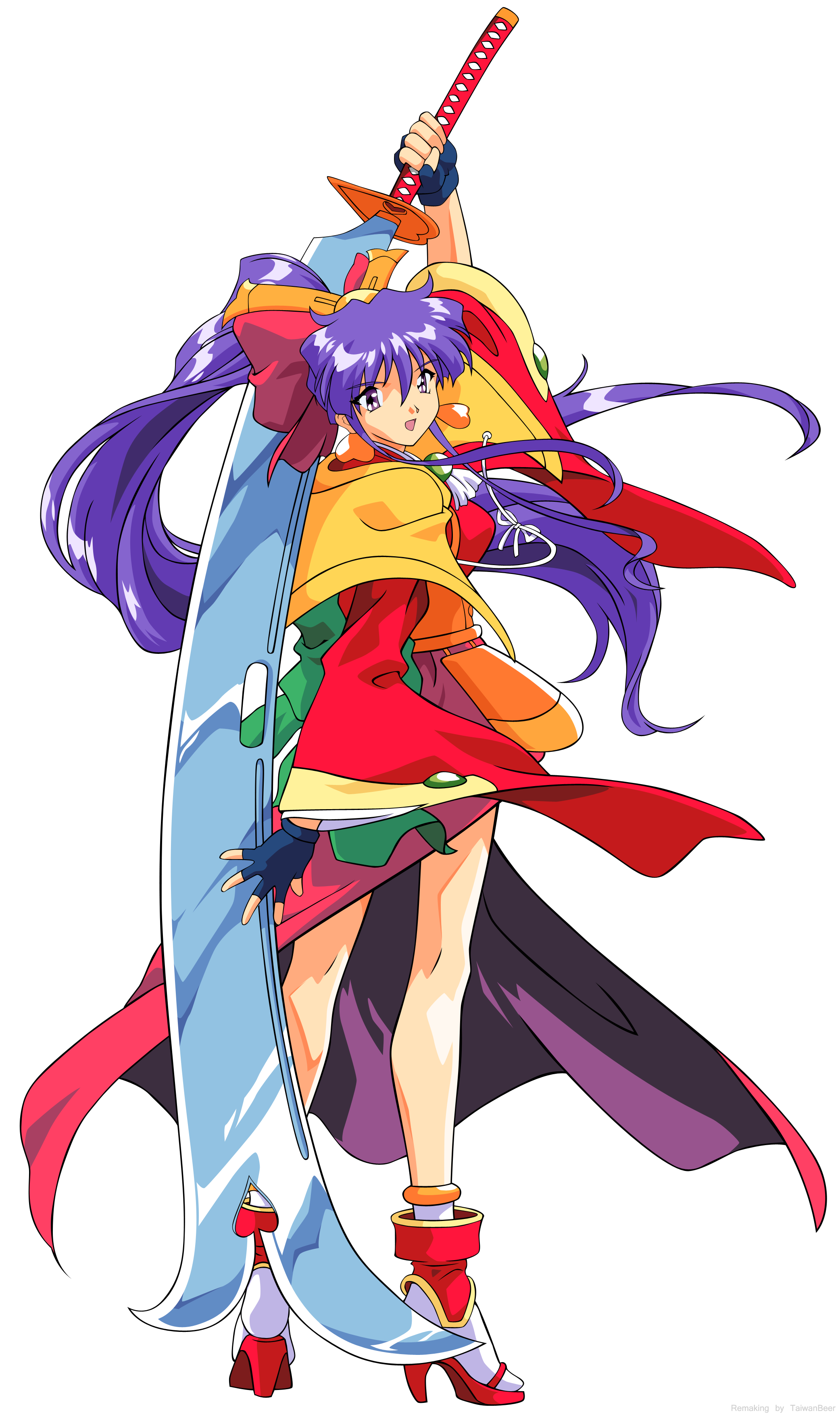 momohime (dancing blade), dancing blade, katteni momotenshi, absurdres, derivative work, highres, non-web source, vector trace, 1girl, earrings, female focus, fingerless gloves, full body, gloves, high heels, huge weapon, jewelry, long hair, ponytail, purple eyes, purple hair, shoes, solo, standing, sword, transparent background, watermark, weapon