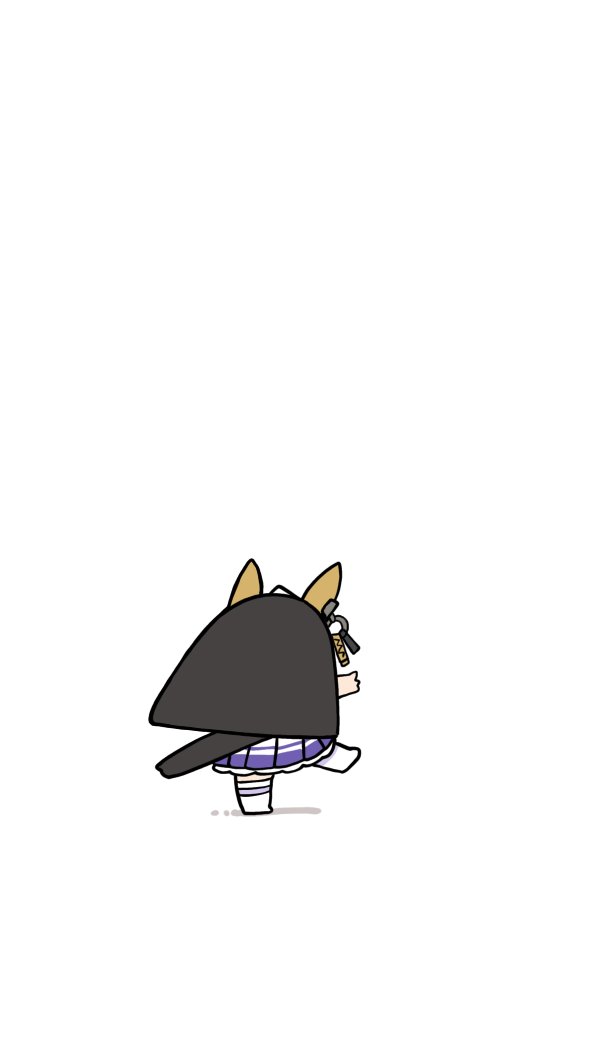 kawamochi (kawauti919), calstone light o (umamusume), umamusume, commentary request, 1girl, ahoge, animal ears, black hair, from behind, horse ears, horse girl, horse tail, long hair, multicolored hair, negative space, pleated skirt, school uniform, skirt, solo, standing, standing on one leg, stiff tail, tail, thighhighs, tracen school uniform, two-tone hair, very long hair, white background, white hair, white skirt, white thighhighs