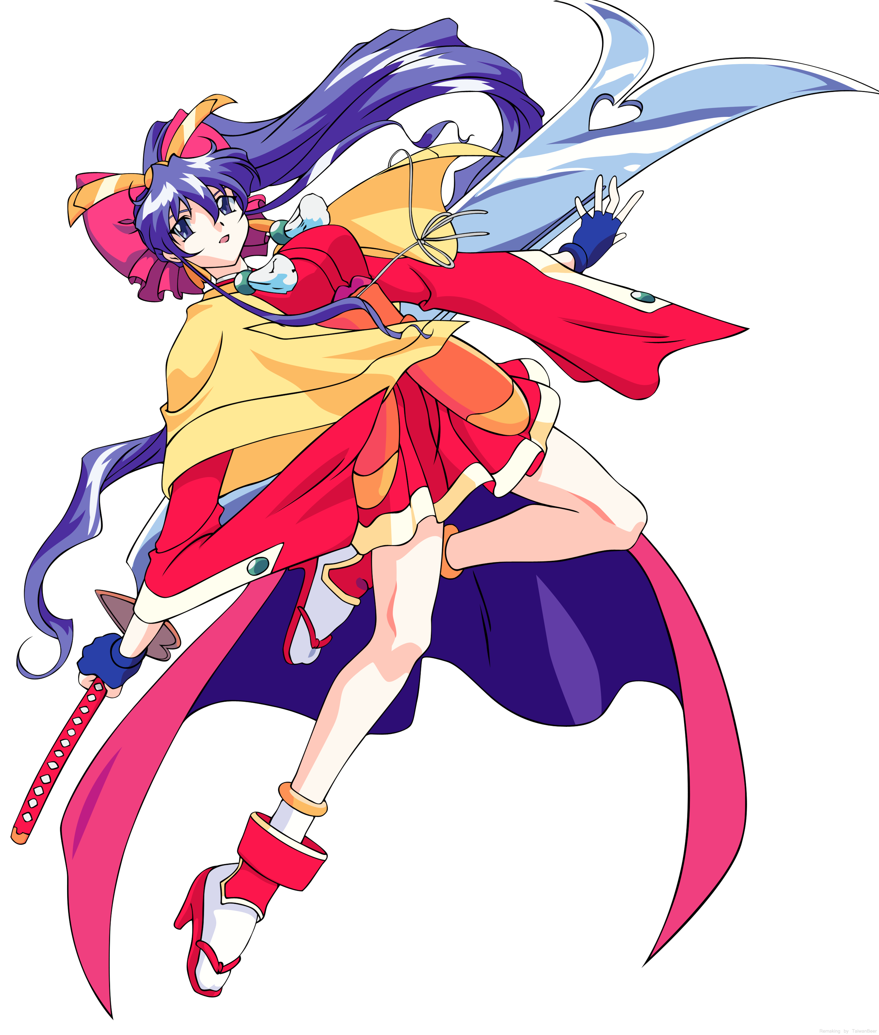 momohime (dancing blade), dancing blade, katteni momotenshi, absurdres, derivative work, highres, non-web source, vector trace, 1girl, bow, female focus, fingerless gloves, full body, gloves, hair ribbon, high heels, huge weapon, long hair, ponytail, purple eyes, purple hair, ribbon, shoes, solo, sword, transparent background, very long hair, watermark, weapon